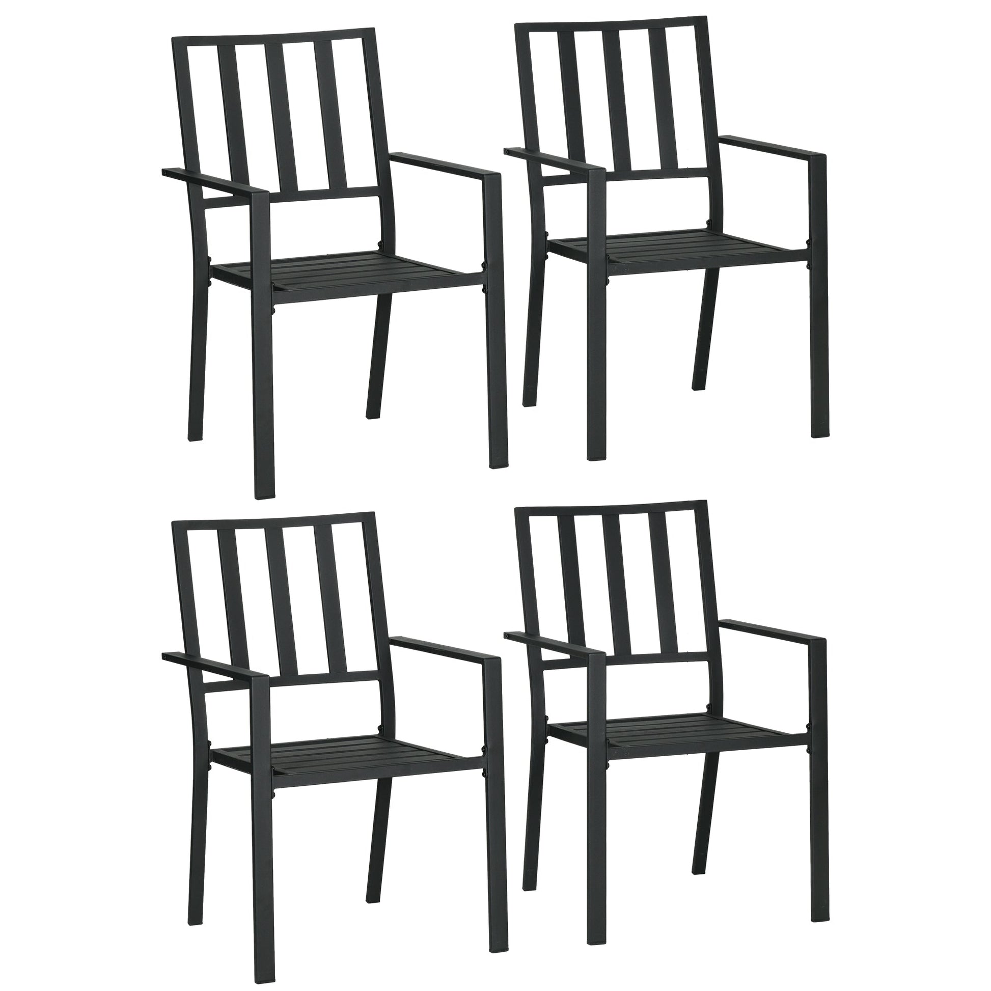 Set of 4 Garden Chairs, Stackable Outdoor Chairs with Metal Slatted Seat & Backrest, for Yard, Garden, Black