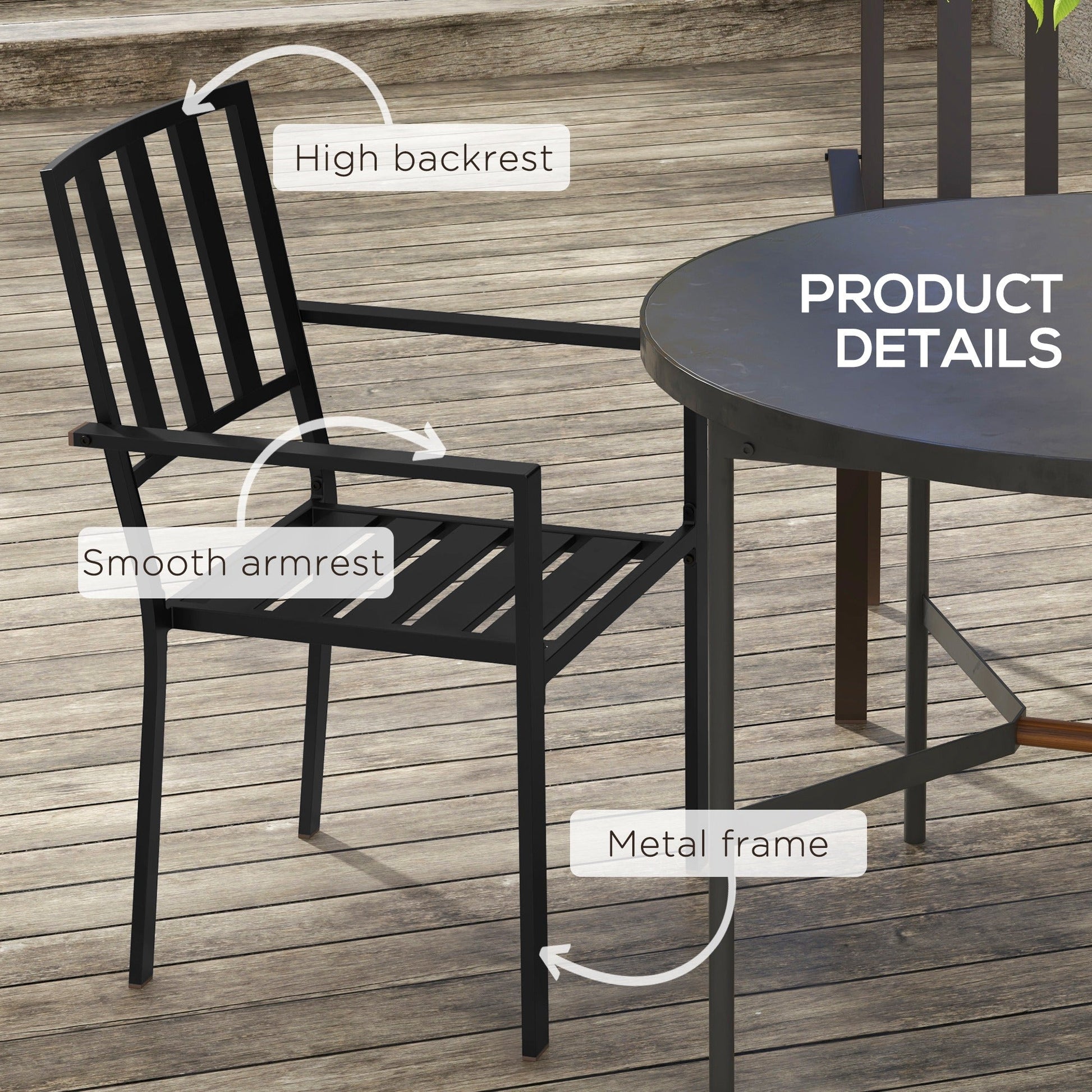 Set of 4 Garden Chairs, Stackable Outdoor Chairs with Metal Slatted Seat & Backrest, for Yard, Garden, Black