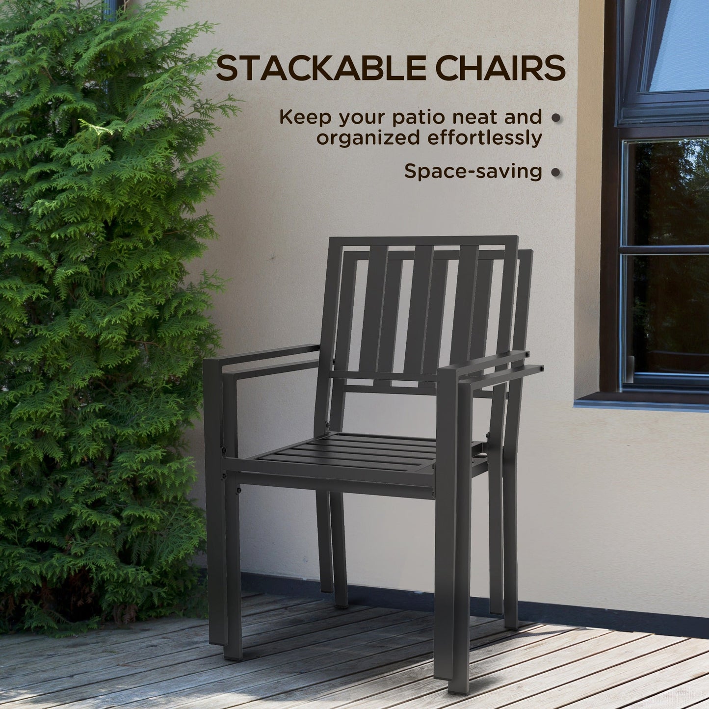 Set of 4 Garden Chairs, Stackable Outdoor Chairs with Metal Slatted Seat & Backrest, for Yard, Garden, Black