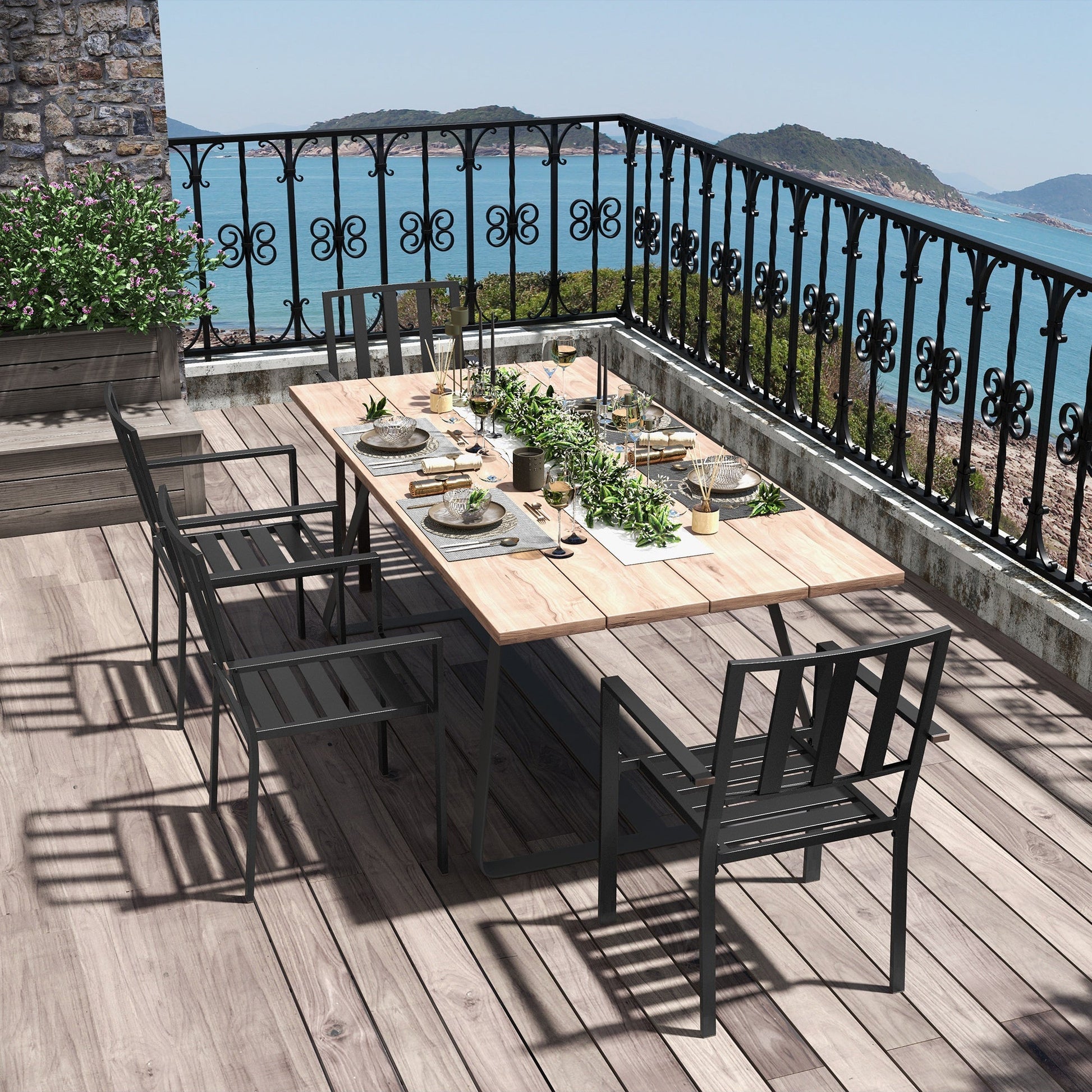 Set of 4 Garden Chairs, Stackable Outdoor Chairs with Metal Slatted Seat & Backrest, for Yard, Garden, Black