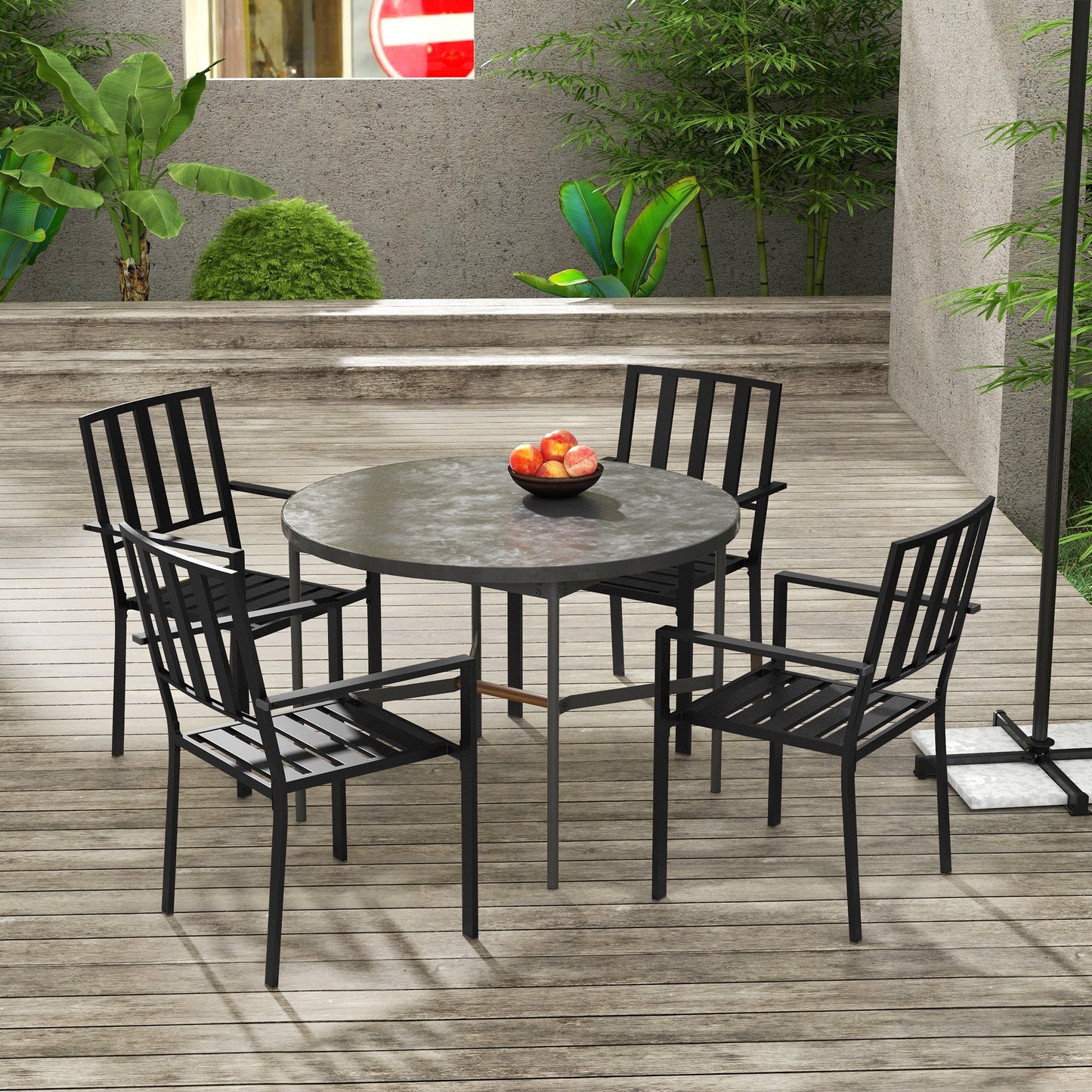 Set of 4 Garden Chairs, Stackable Outdoor Chairs with Metal Slatted Seat & Backrest, for Yard, Garden, Black