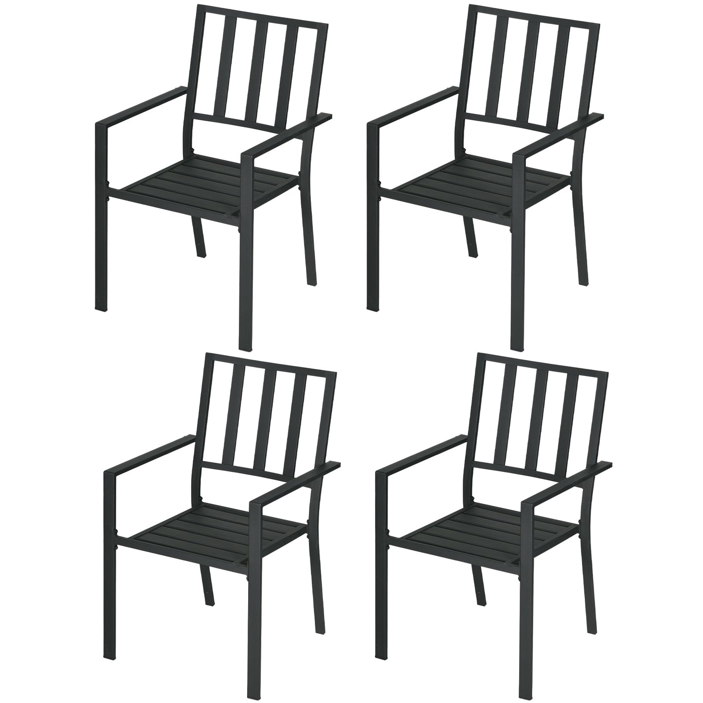 Set of 4 Garden Chairs, Stackable Outdoor Chairs with Metal Slatted Seat & Backrest, for Yard, Garden, Black