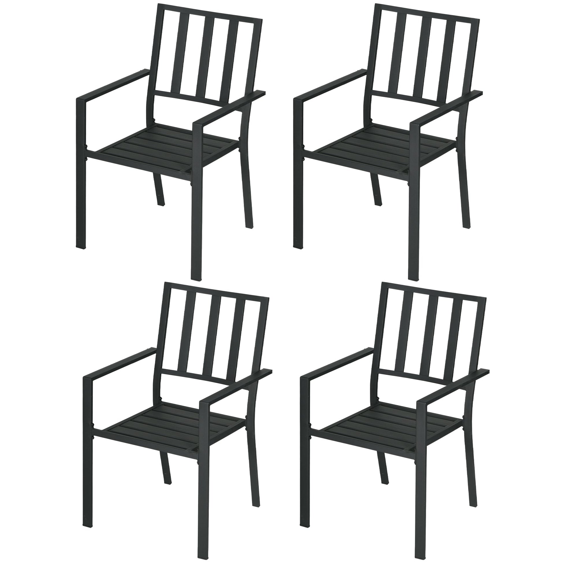 Set of 4 Garden Chairs, Stackable Outdoor Chairs with Metal Slatted Seat & Backrest, for Yard, Garden, Black