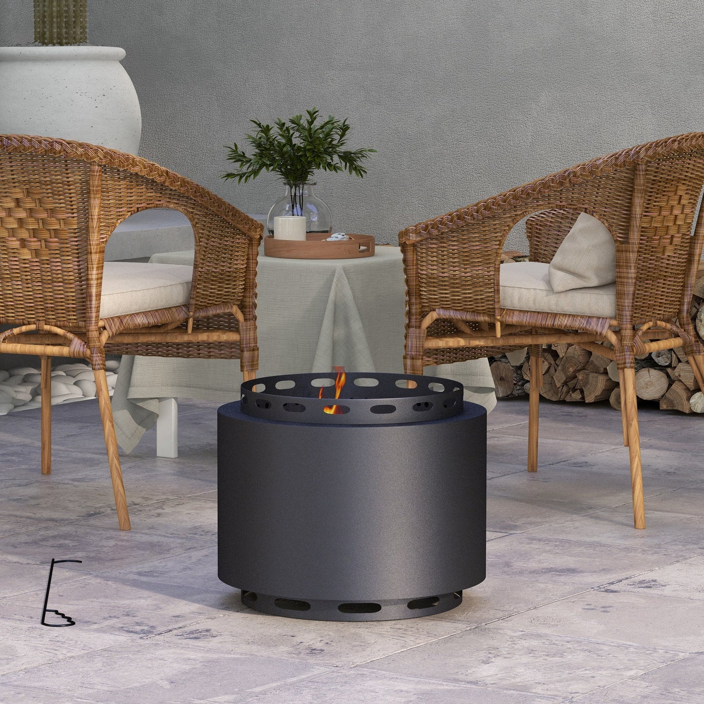 Smokeless Fire Pit, 48.5cm Portable Wood Burning Firepit with Poker for Garden Camping Bonfire Party, Metal, Black