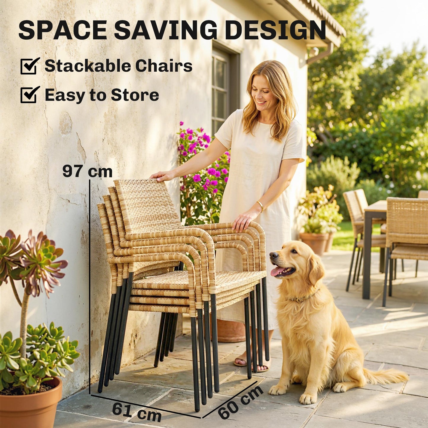 4 Seater Rattan Dining Set with Parasol, 6 Piece Garden Table and Stackable Chairs with Tempered Glass Tabletop, All-Weather Outdoor Rattan Furniture Set for Patio, Light Brown