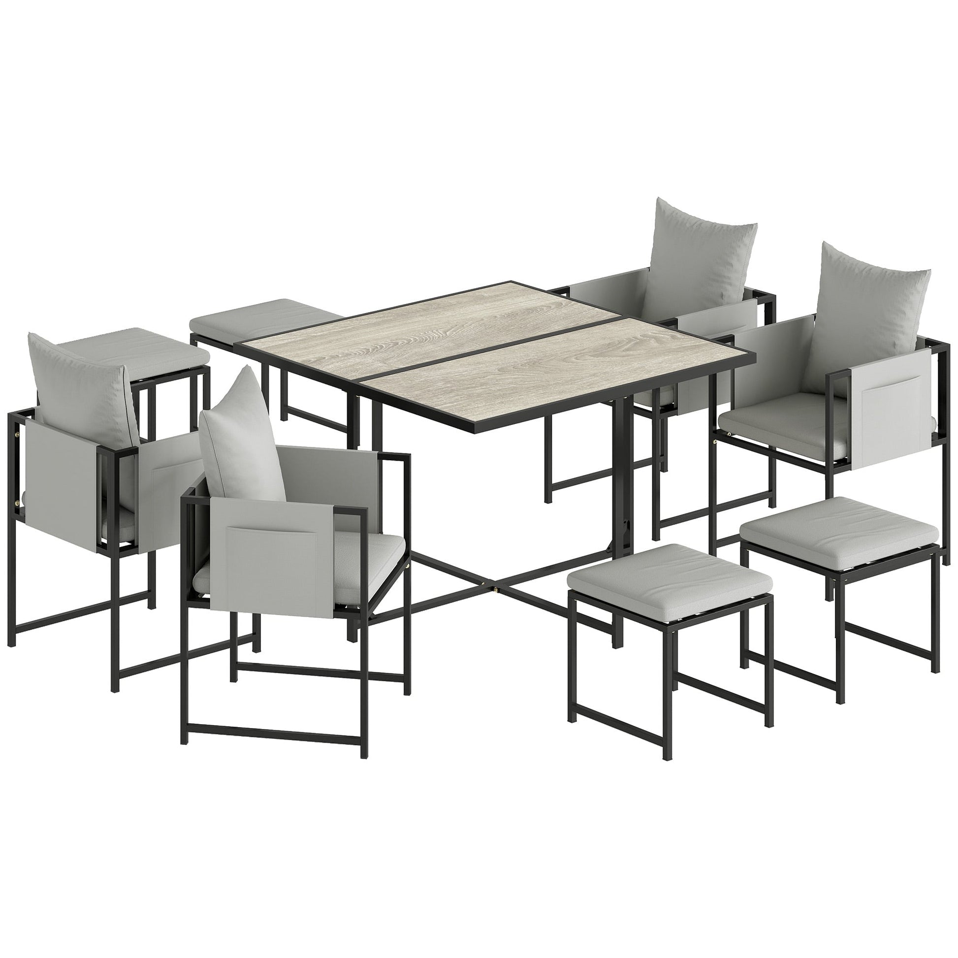 9 Piece Garden Dining Set, Cube Outdoor Garden Furniture Set with Cushions, 8 Seater Garden Table and Chairs with 4 Stools, Square Plastic Top Table, Side Pockets for Conservatory, Dark Grey
