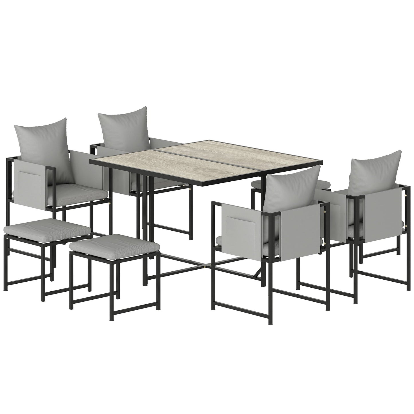 9 Piece Garden Dining Set, Cube Outdoor Garden Furniture Set with Cushions, 8 Seater Garden Table and Chairs with 4 Stools, Square Plastic Top Table, Side Pockets for Conservatory, Dark Grey