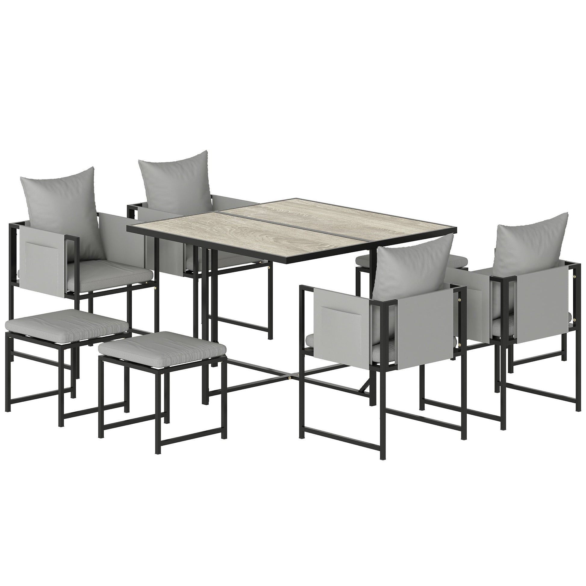 9 Piece Garden Dining Set, Cube Outdoor Garden Furniture Set with Cushions, 8 Seater Garden Table and Chairs with 4 Stools, Square Plastic Top Table, Side Pockets for Conservatory, Dark Grey