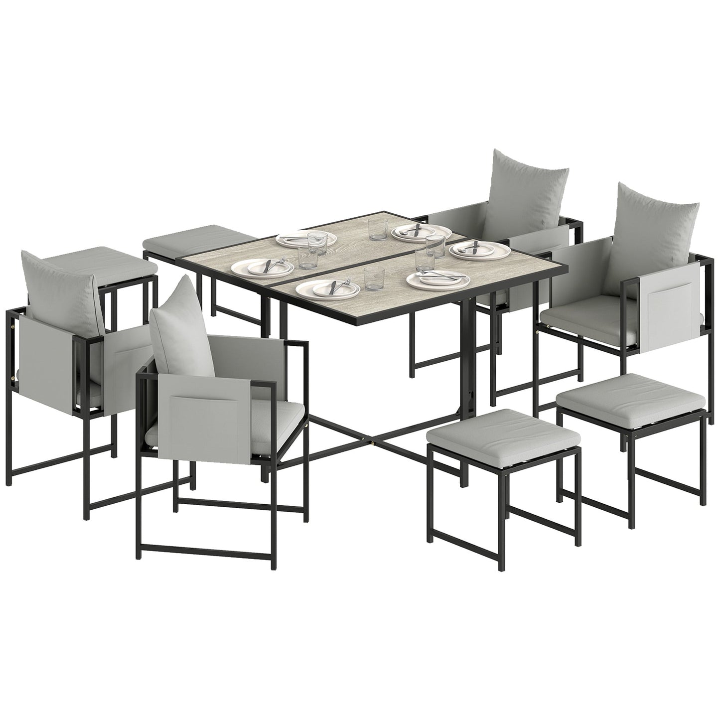 9 Piece Garden Dining Set, Cube Outdoor Garden Furniture Set with Cushions, 8 Seater Garden Table and Chairs with 4 Stools, Square Plastic Top Table, Side Pockets for Conservatory, Dark Grey