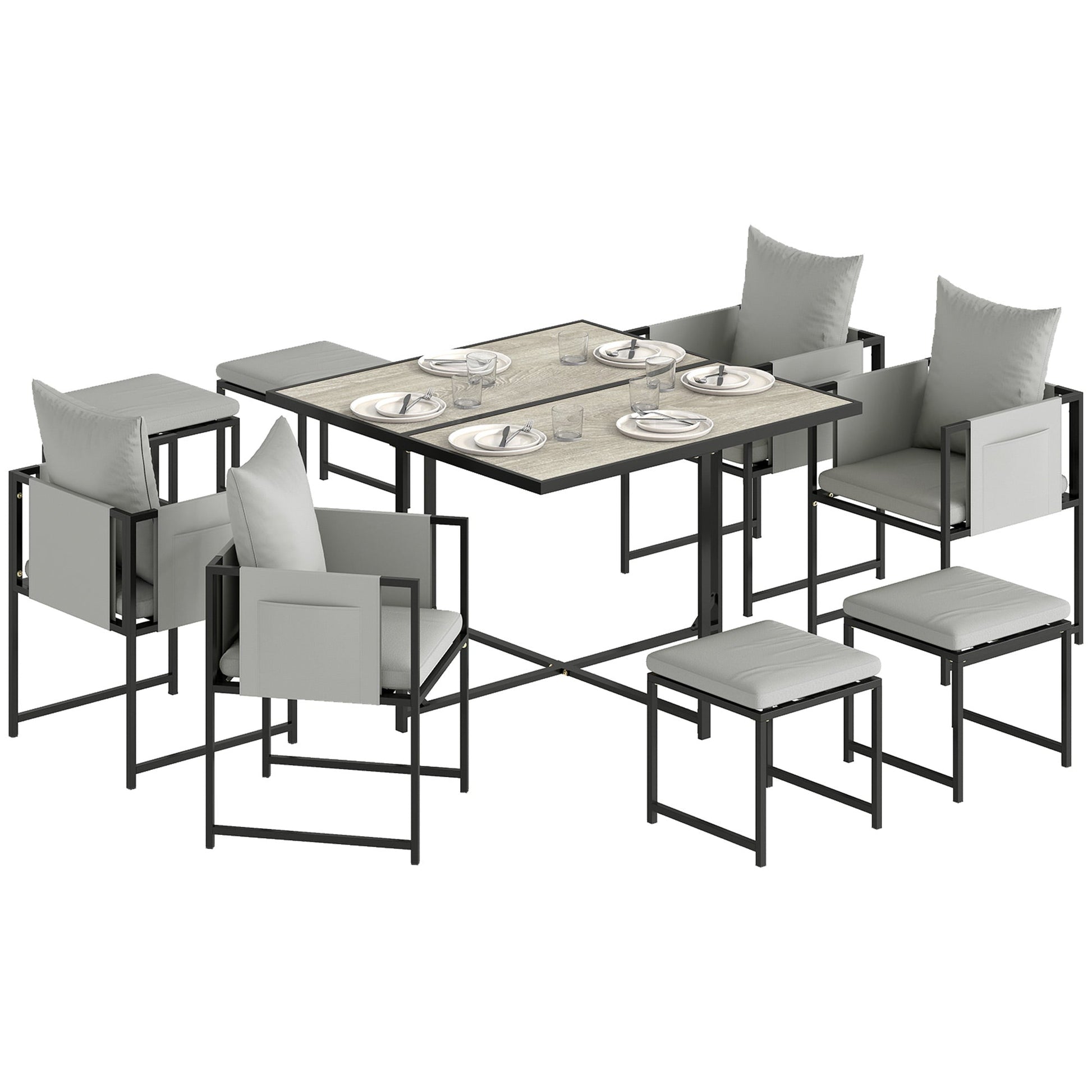 9 Piece Garden Dining Set, Cube Outdoor Garden Furniture Set with Cushions, 8 Seater Garden Table and Chairs with 4 Stools, Square Plastic Top Table, Side Pockets for Conservatory, Dark Grey