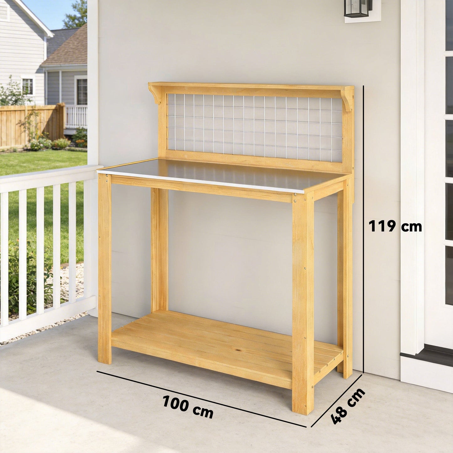 Wooden Potting Bench Table with Aluminium Worktop, Outdoor Garden Workbench with 2 Shelves and Grid Design for DIY, Planting Work Station for Patio, Yard, Balcony, 100 x 48 x 119 cm, Yellow