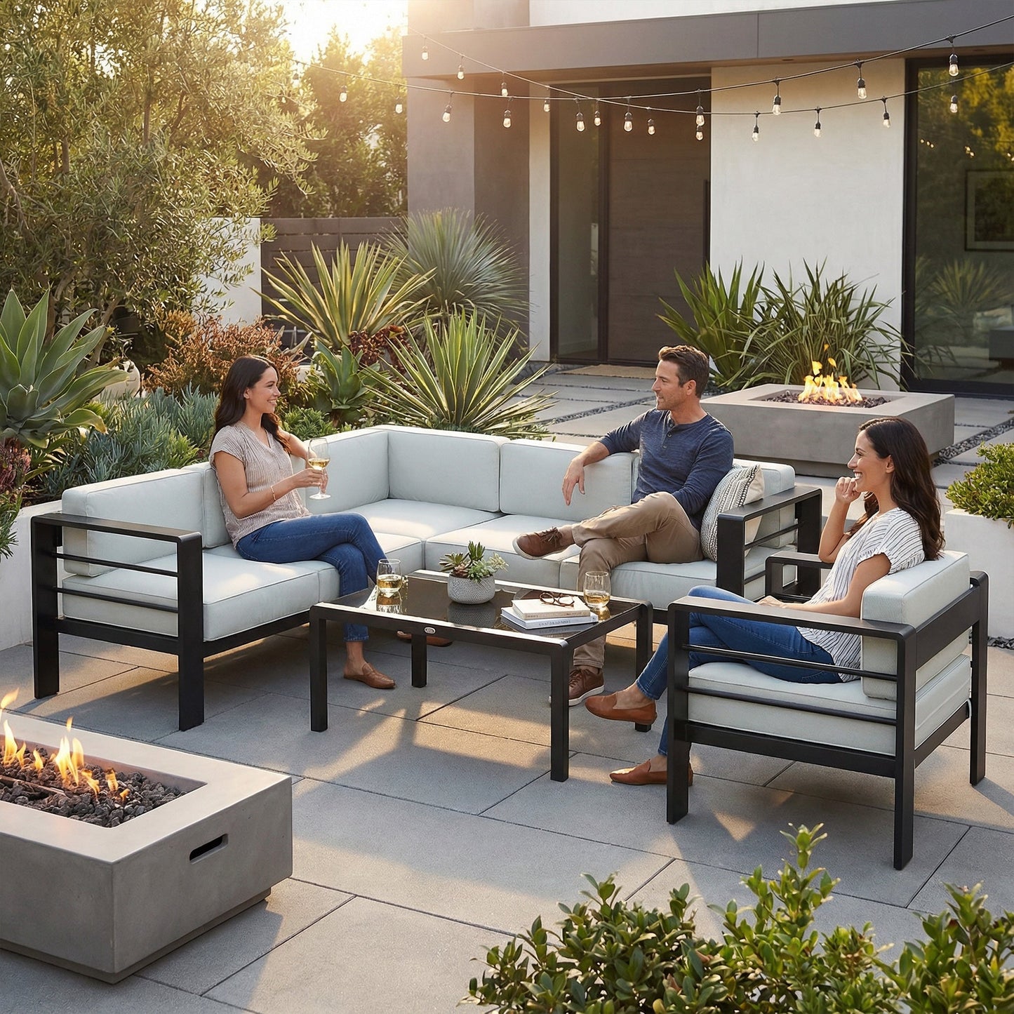 5-Piece Garden Corner Sofa Set with Cushions, 6 Seater Aluminium Garden Furniture Set with Glass Top Coffee Table, Patio Sectional Conservatory Furniture for Patio & Terrace, Light Grey
