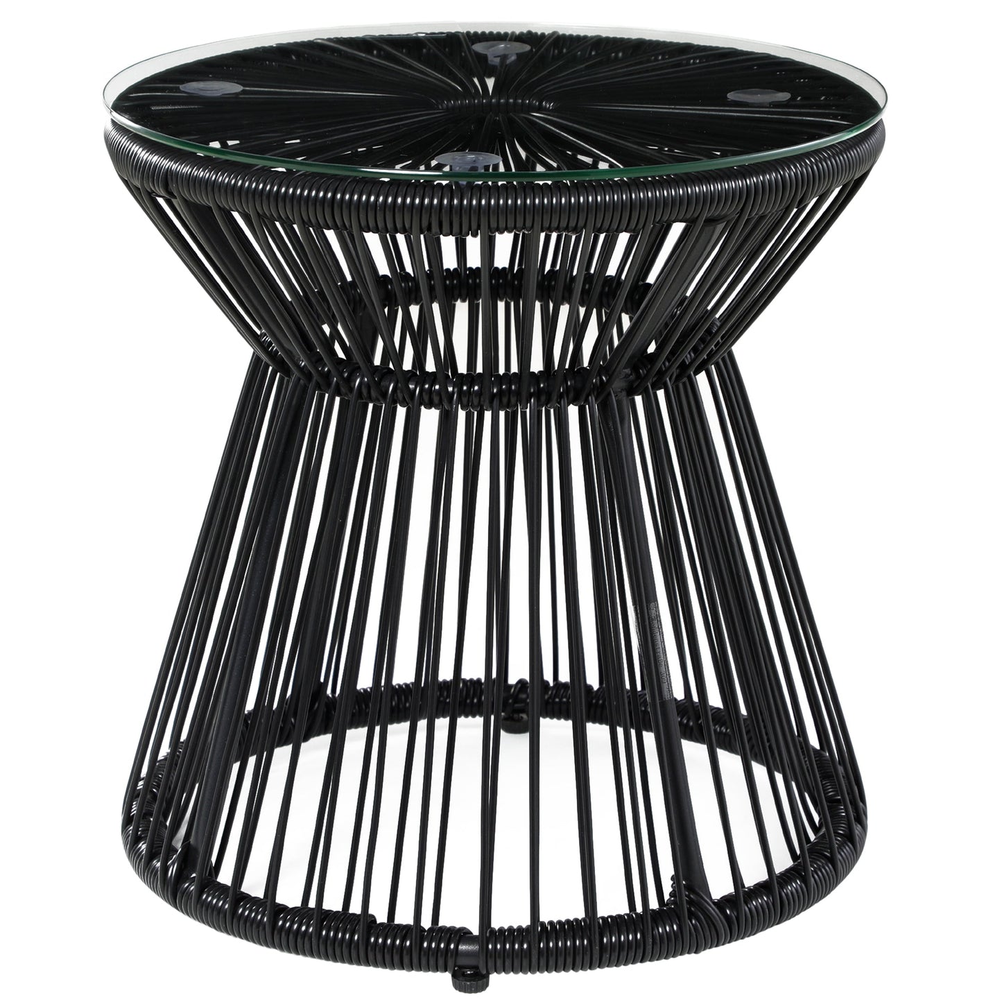 Outdoor Coffee Table, Round PE Rattan Side Table with Tempered Glass Table Top, Hollow Drum Design for Garden, Balcony, Patio, Black