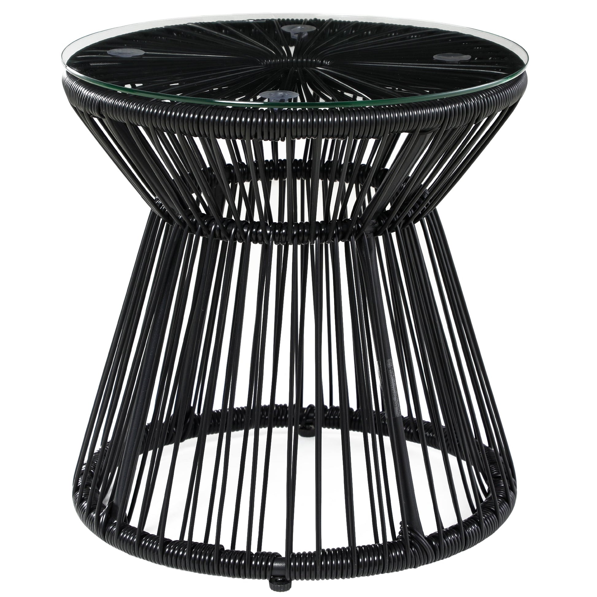 Outdoor Coffee Table, Round PE Rattan Side Table with Tempered Glass Table Top, Hollow Drum Design for Garden, Balcony, Patio, Black