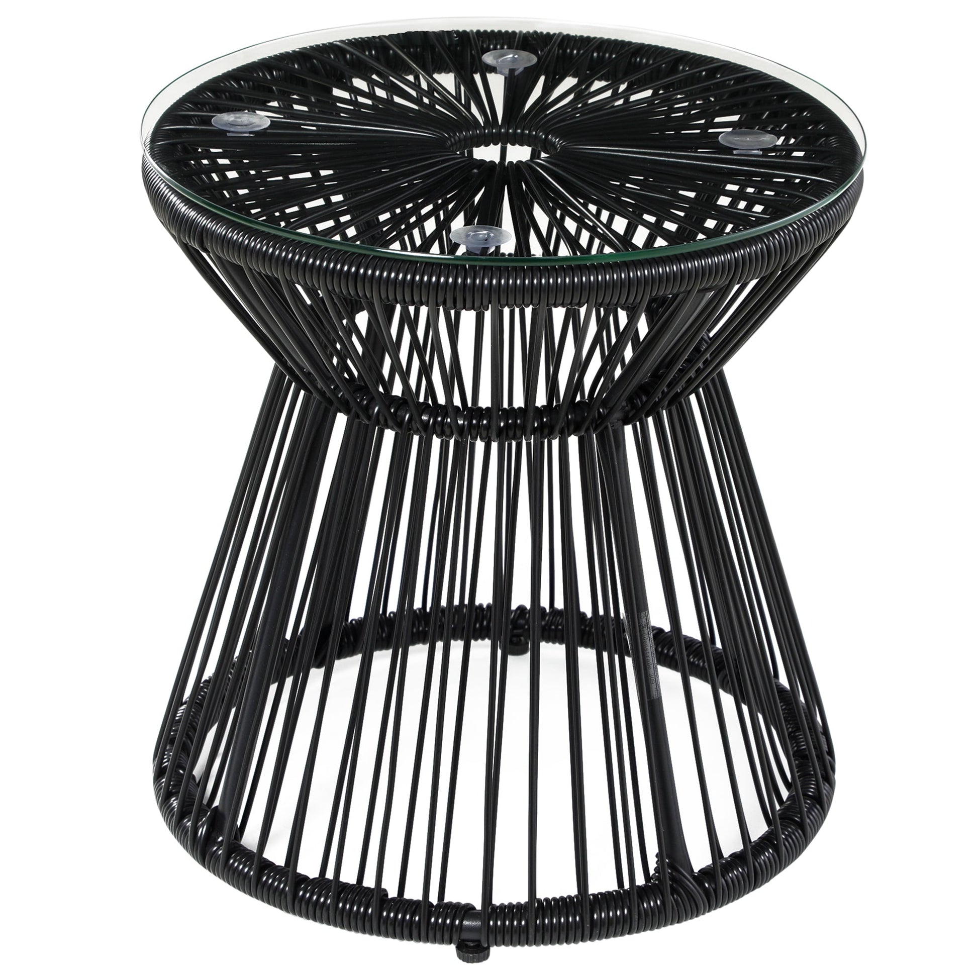 Outdoor Coffee Table, Round PE Rattan Side Table with Tempered Glass Table Top, Hollow Drum Design for Garden, Balcony, Patio, Black
