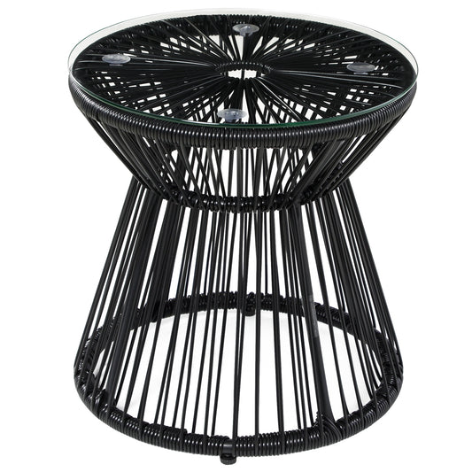 Outdoor Coffee Table, Round PE Rattan Side Table with Tempered Glass Table Top, Hollow Drum Design for Garden, Balcony, Patio, Black