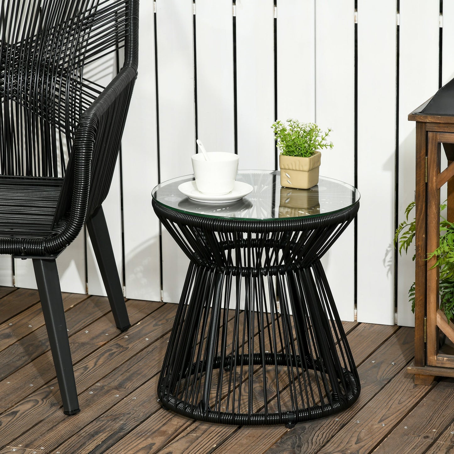 Outdoor Coffee Table, Round PE Rattan Side Table with Tempered Glass Table Top, Hollow Drum Design for Garden, Balcony, Patio, Black