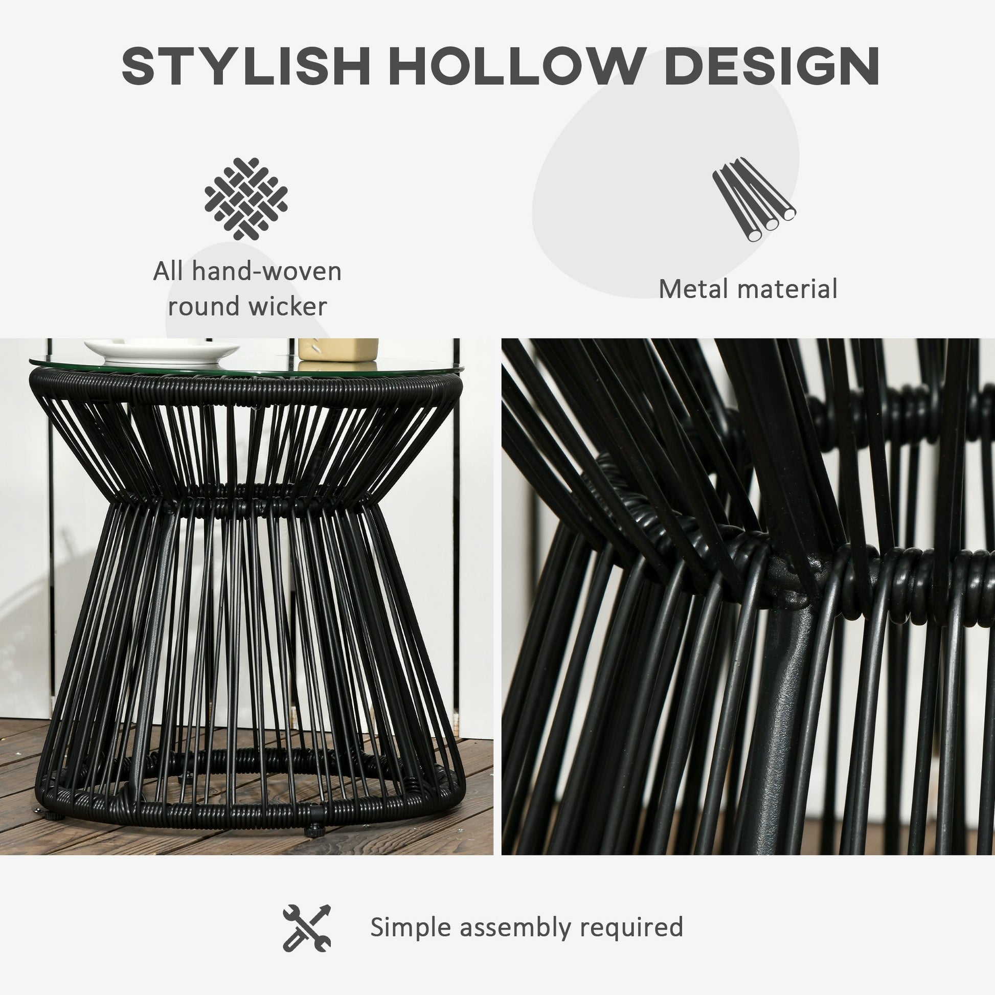 Outdoor Coffee Table, Round PE Rattan Side Table with Tempered Glass Table Top, Hollow Drum Design for Garden, Balcony, Patio, Black