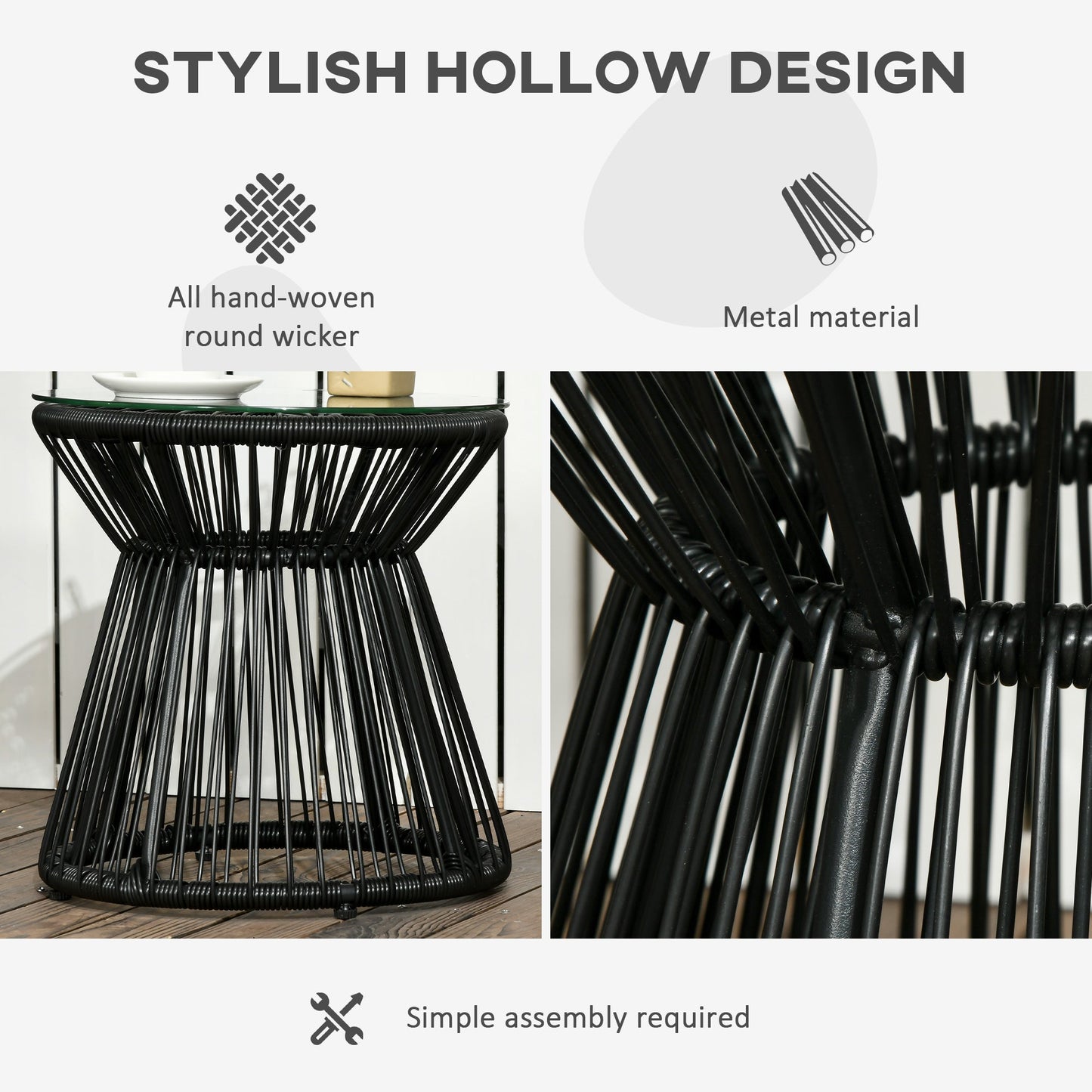 Outdoor Coffee Table, Round PE Rattan Side Table with Tempered Glass Table Top, Hollow Drum Design for Garden, Balcony, Patio, Black