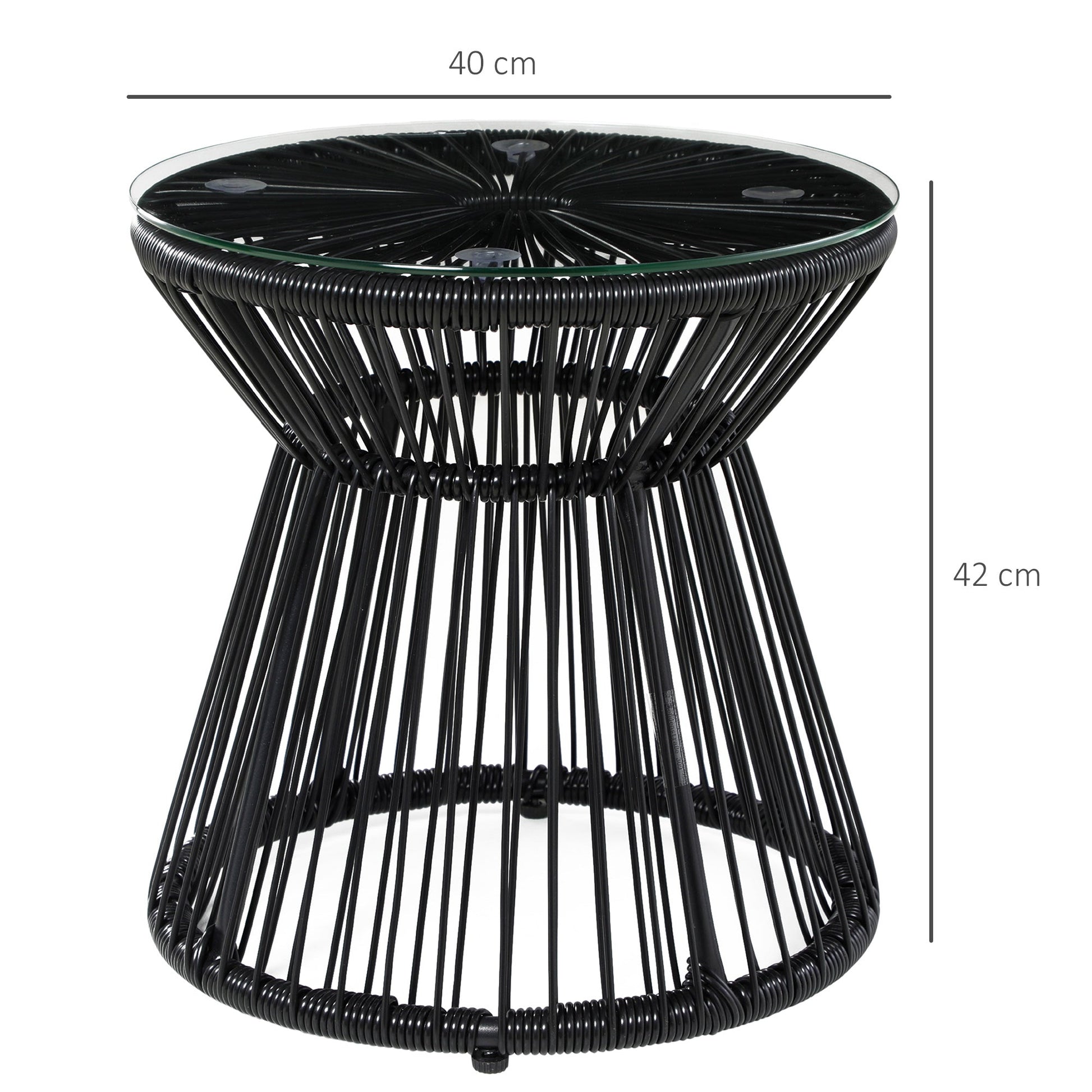 Outdoor Coffee Table, Round PE Rattan Side Table with Tempered Glass Table Top, Hollow Drum Design for Garden, Balcony, Patio, Black