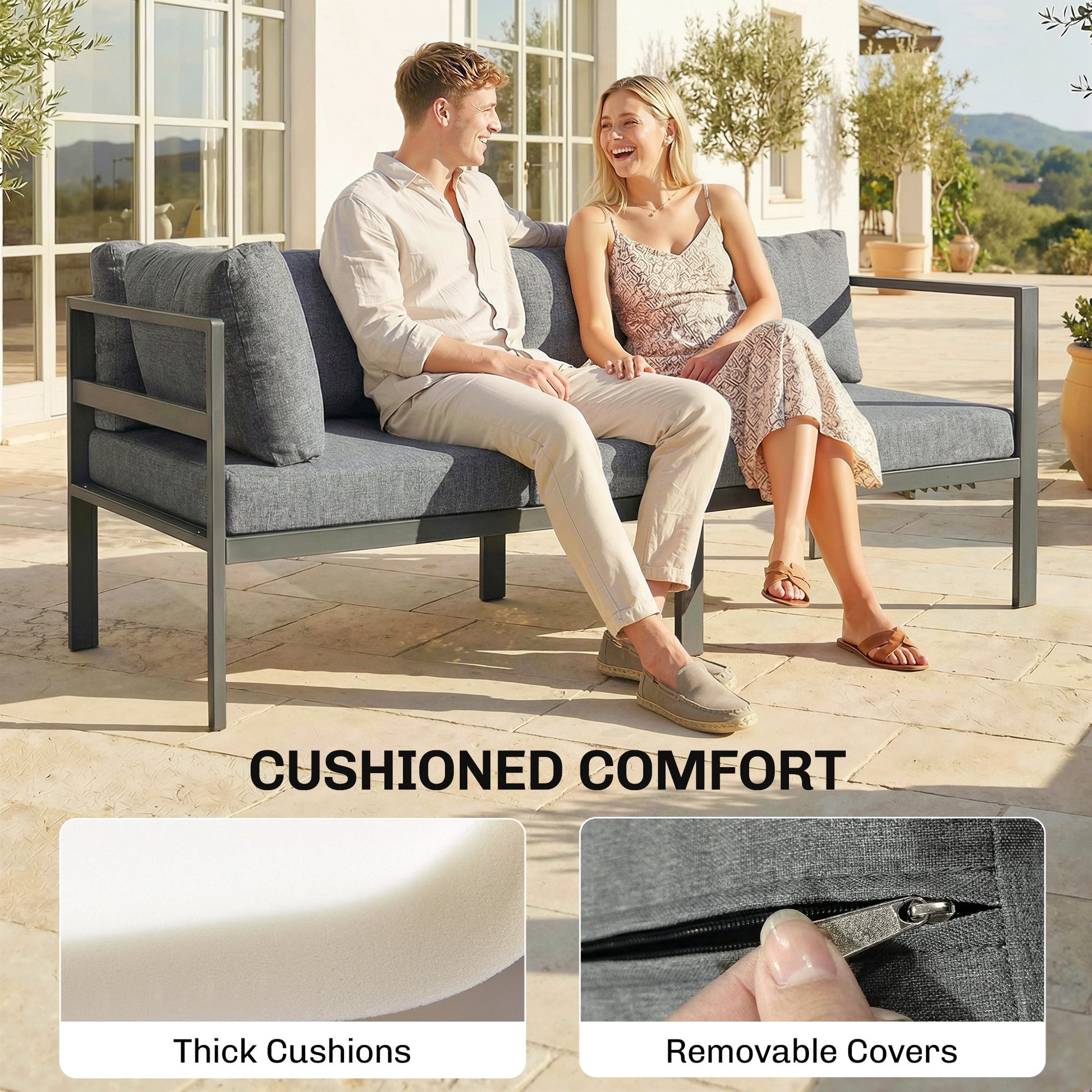 3 Pieces Garden Furniture Set, Aluminium Corner Lounge Set with Adjustable Backrest and Coffee Table, Outdoor Conversation Furniture with Cushions, Dark Grey