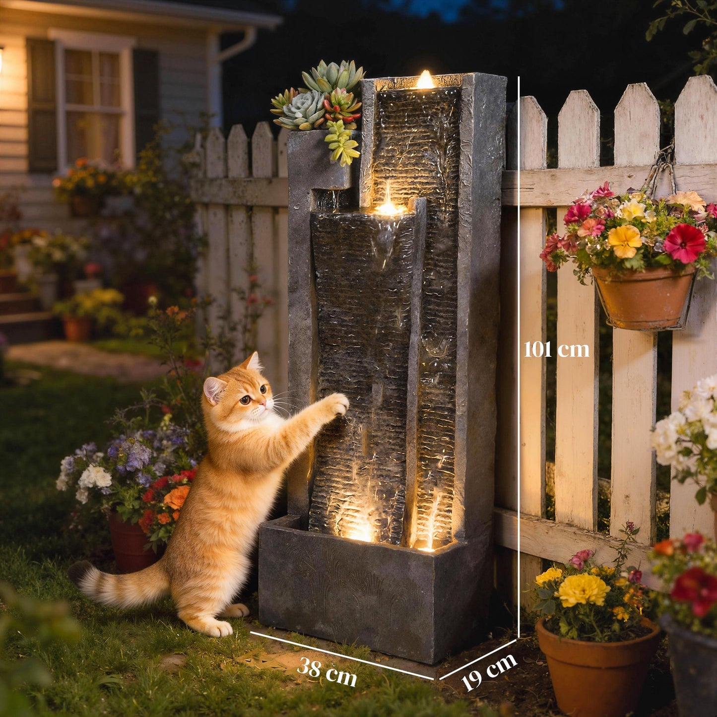 Water Feature with LED Lights and Planter, 3-Tier Garden Water Fountain with Pump, Resin Freestanding Waterfall Feature for Patio Garden, Dark Grey