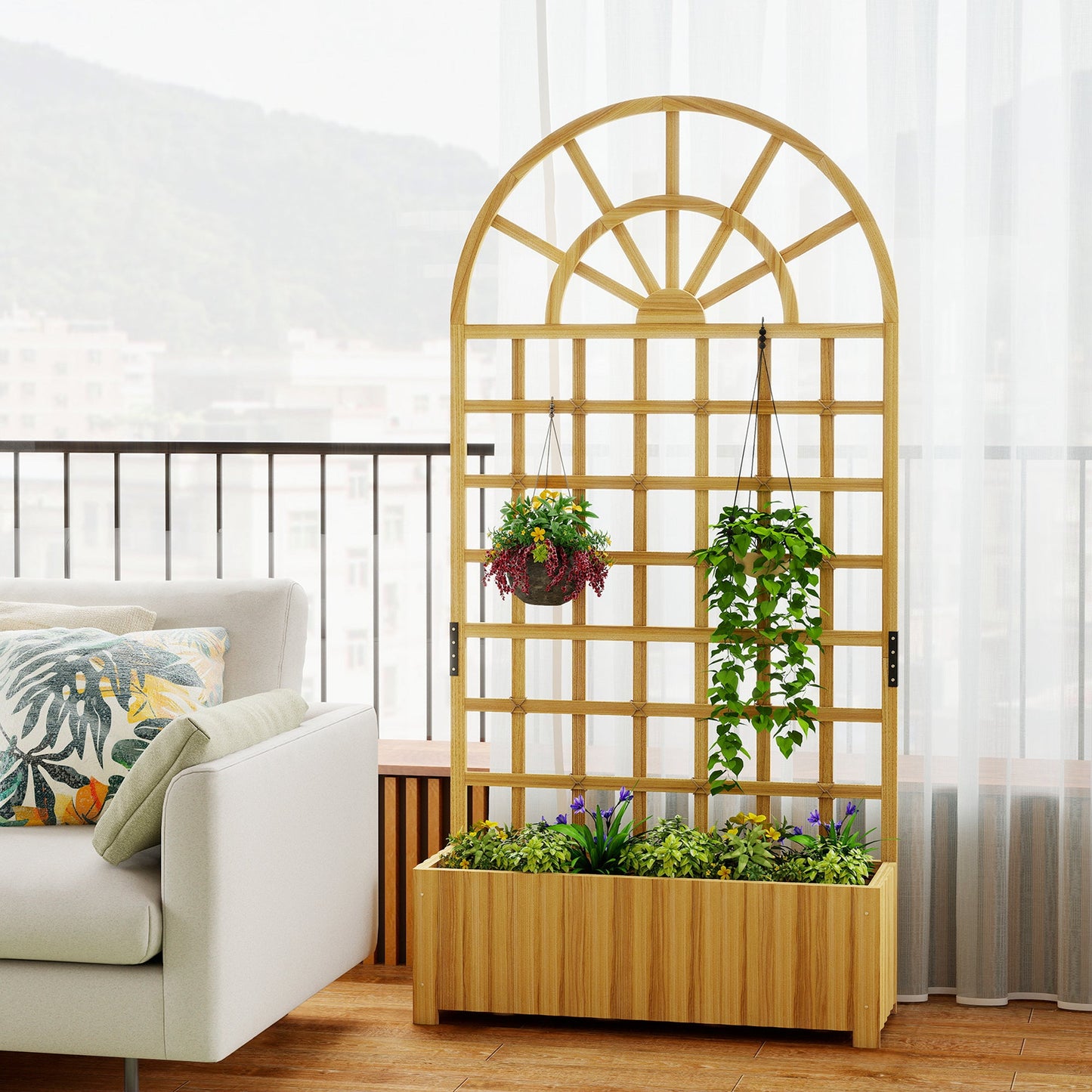 Wooden Raised Planter with Trellis, Raised Bed for Garden with Lattice and Drainage Holes for Climbing Plants, Outdoor Elevated Planter Box for Vegetables Flowers Herbs, 90 x 30 x 180 cm