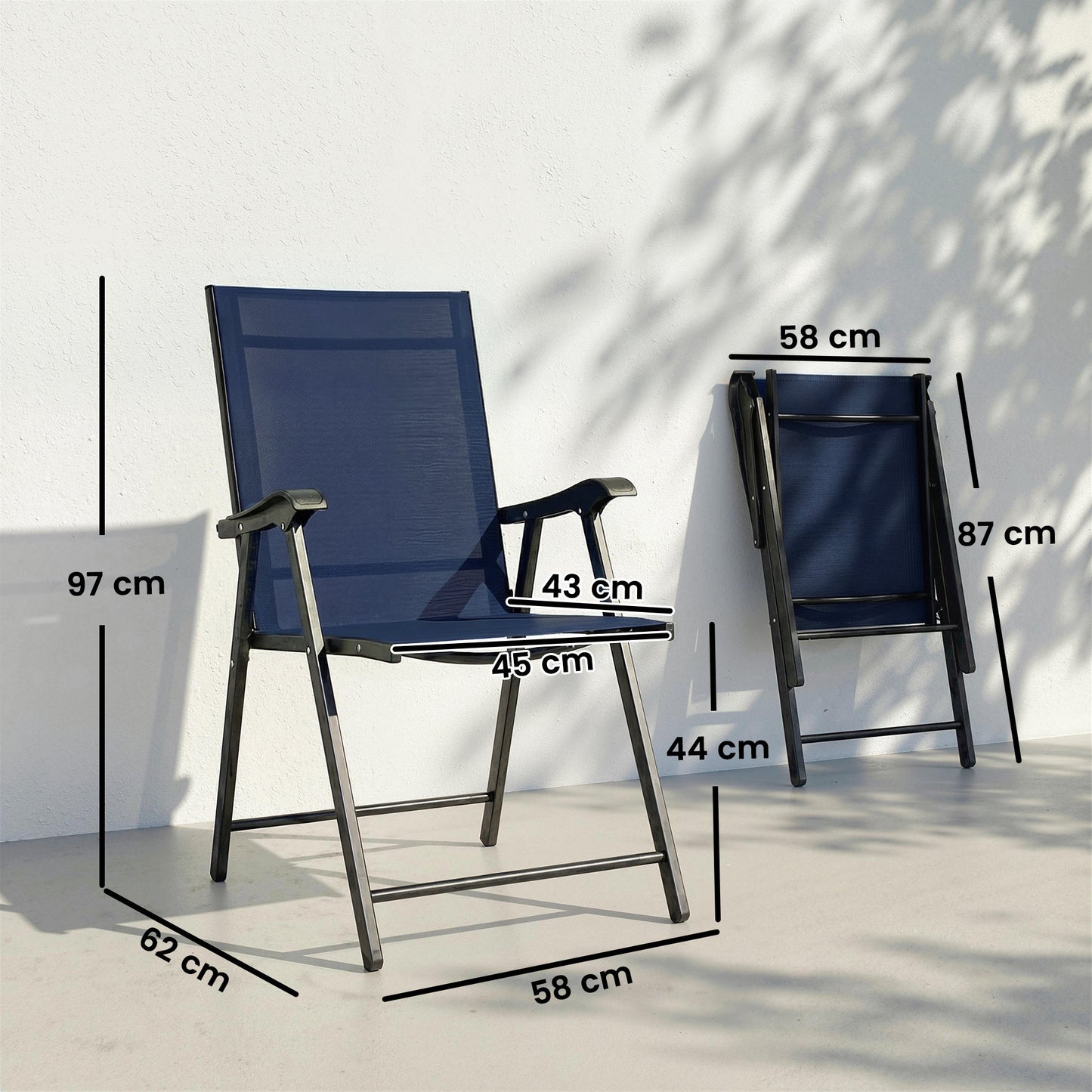 Folding Garden Chairs Set of 2, Foldable Garden Dining Chairs with High Back and Armrests, Breathable Texteline Folding Outdoor Chair Set with Metal Frame for Patio, Balcony, Navy Blue