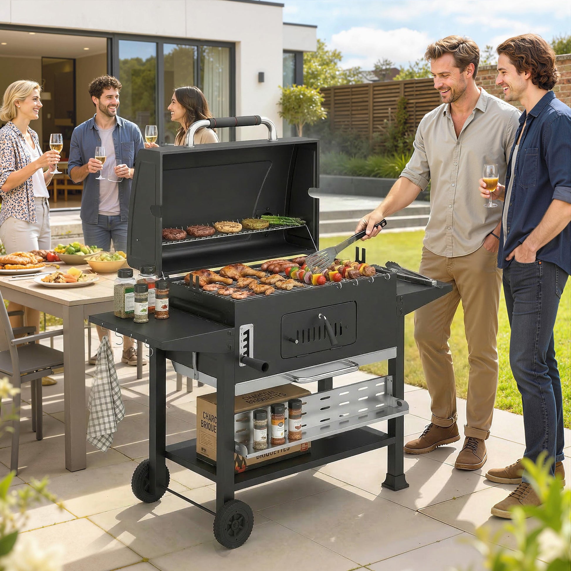 Charcoal BBQ Grill Smoker with Electric Rotisserie Kit, Portable Barbecue Grill with Warming Rack, Foldable Side Tables, Spice Rack, Hooks, Thermometer, Wheels for Outdoor Cooking, Black