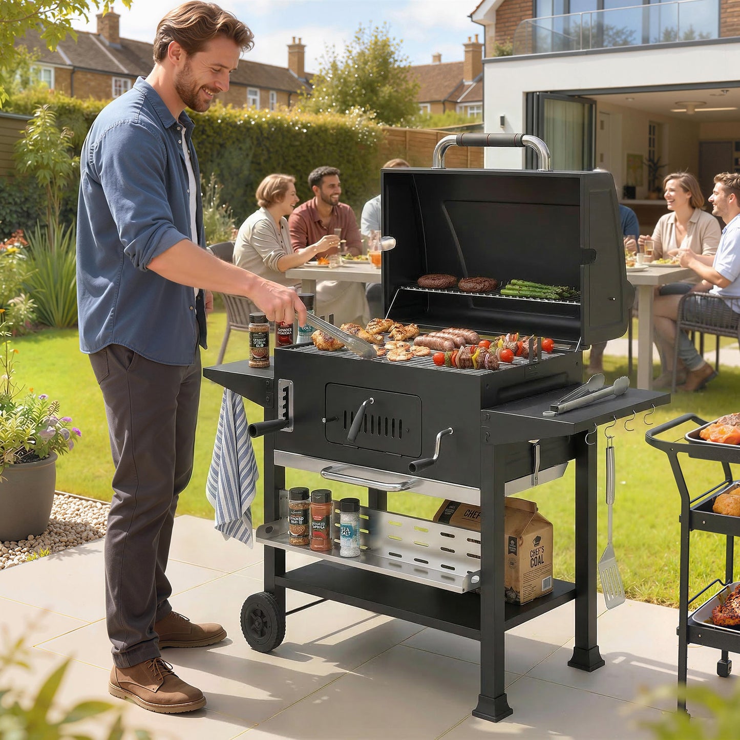 Charcoal BBQ Grill Smoker with Electric Rotisserie Kit, Portable Barbecue Grill with Warming Rack, Foldable Side Tables, Spice Rack, Hooks, Thermometer, Wheels for Outdoor Cooking, Black