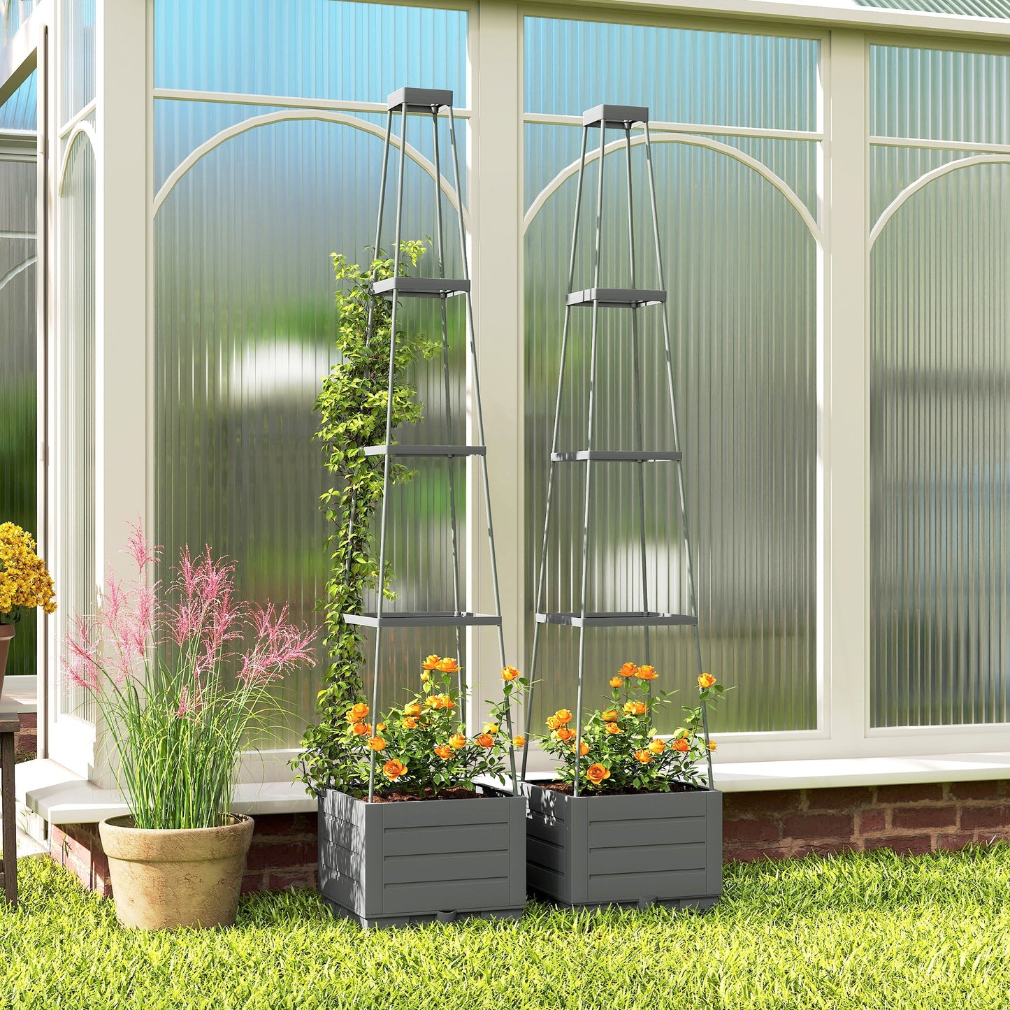 2 Pack Raised Garden Bed with Trellis, Plastic Outdoor Planter Box with Removable Drainage Tray, Tomato Cage for Climbing Plants, Vegetables, Flowers, 28 x 28 x 140 cm