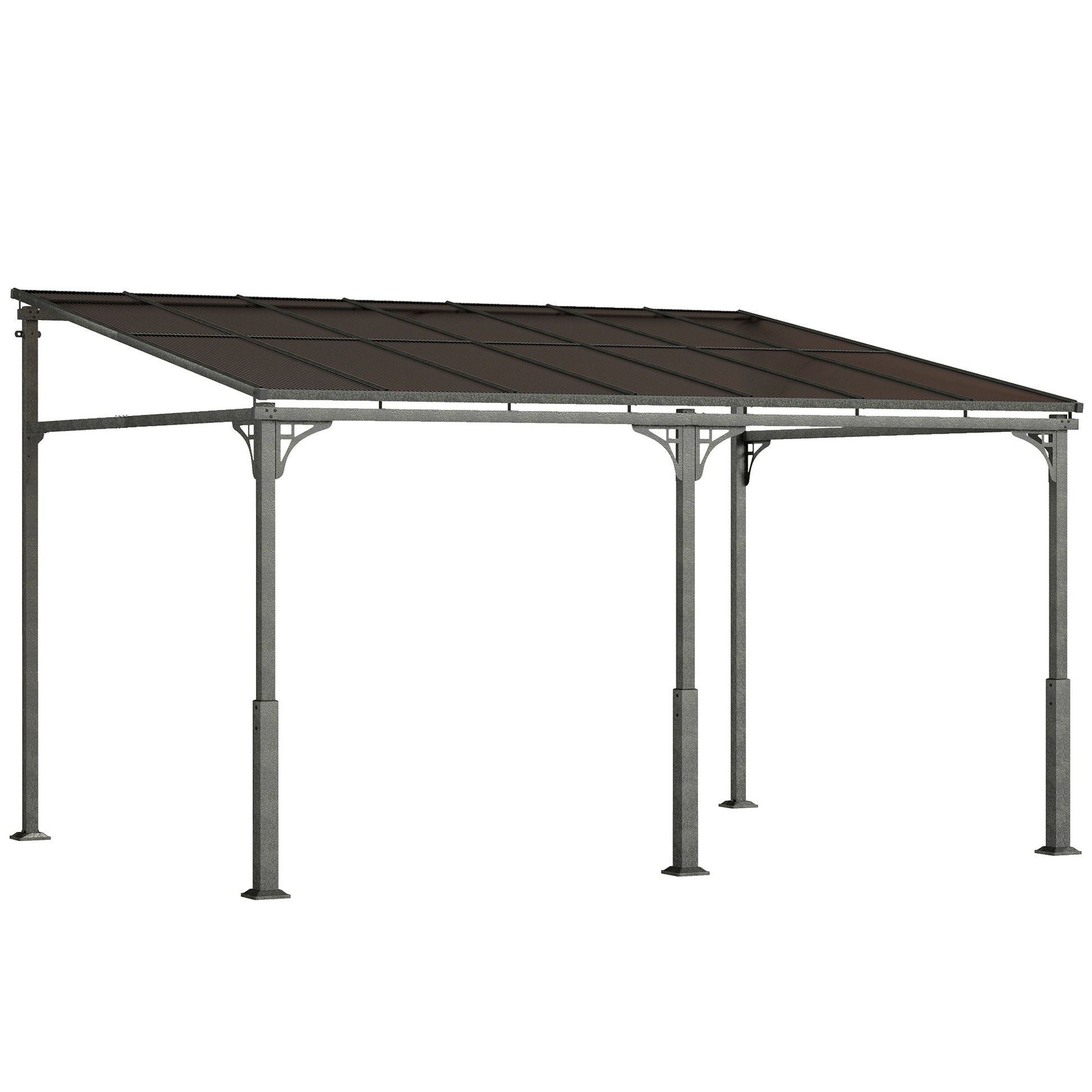 4 x 3 m Metal Lean-to Pergola, Wall-Mounted Garden Pergola with Polycarbonate Roof and Metal-Aluminium Frame, Heavy Duty Hardtop Gazebo for Outdoor Patios, BBQ, Brown