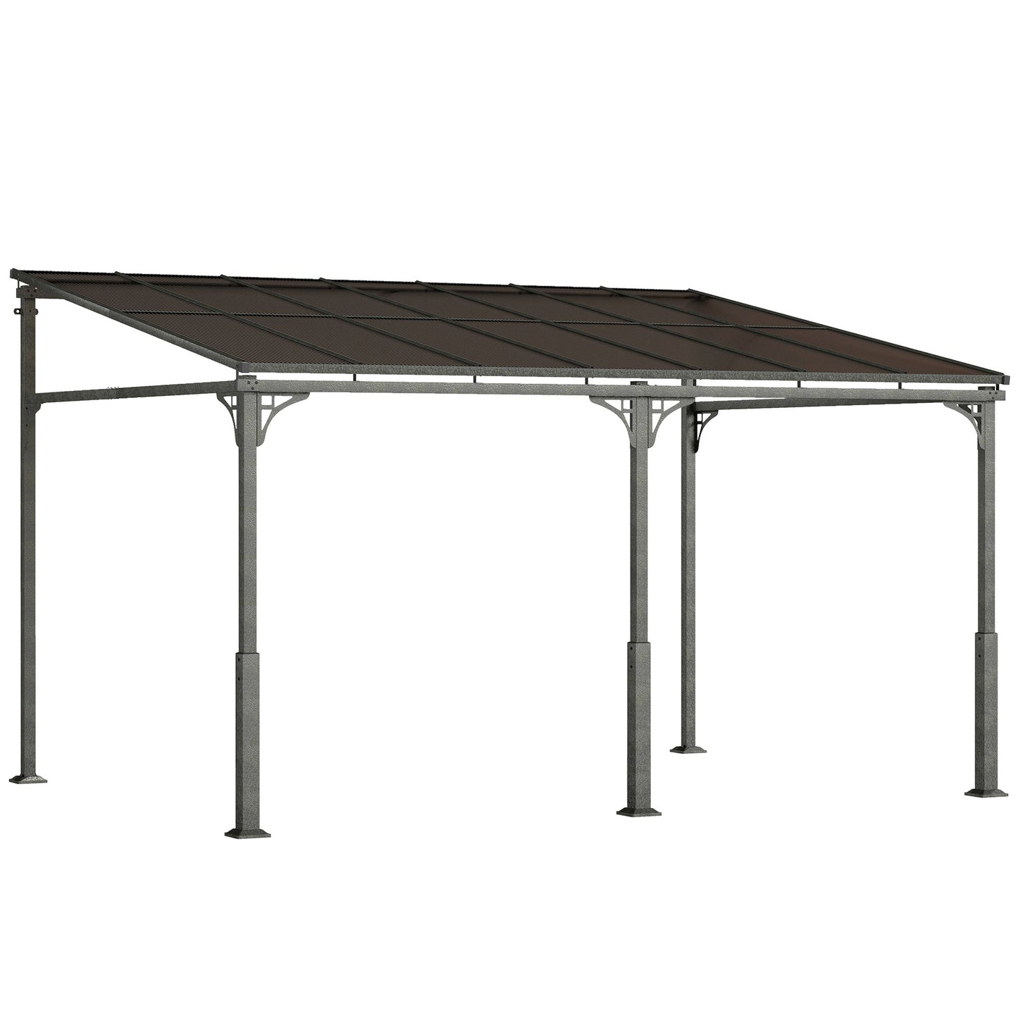 4 x 3 m Metal Lean-to Pergola, Wall-Mounted Garden Pergola with Polycarbonate Roof and Metal-Aluminium Frame, Heavy Duty Hardtop Gazebo for Outdoor Patios, BBQ, Brown