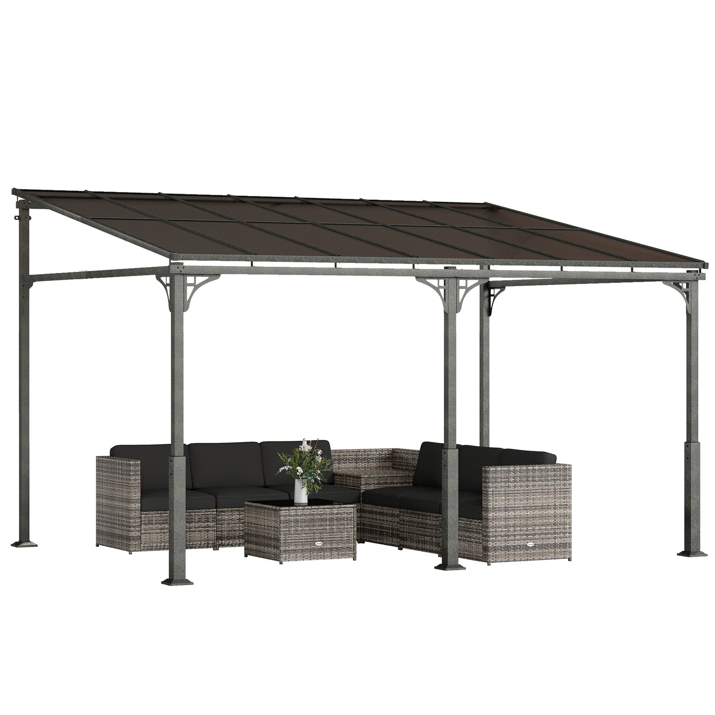4 x 3 m Metal Lean-to Pergola, Wall-Mounted Garden Pergola with Polycarbonate Roof and Metal-Aluminium Frame, Heavy Duty Hardtop Gazebo for Outdoor Patios, BBQ, Brown