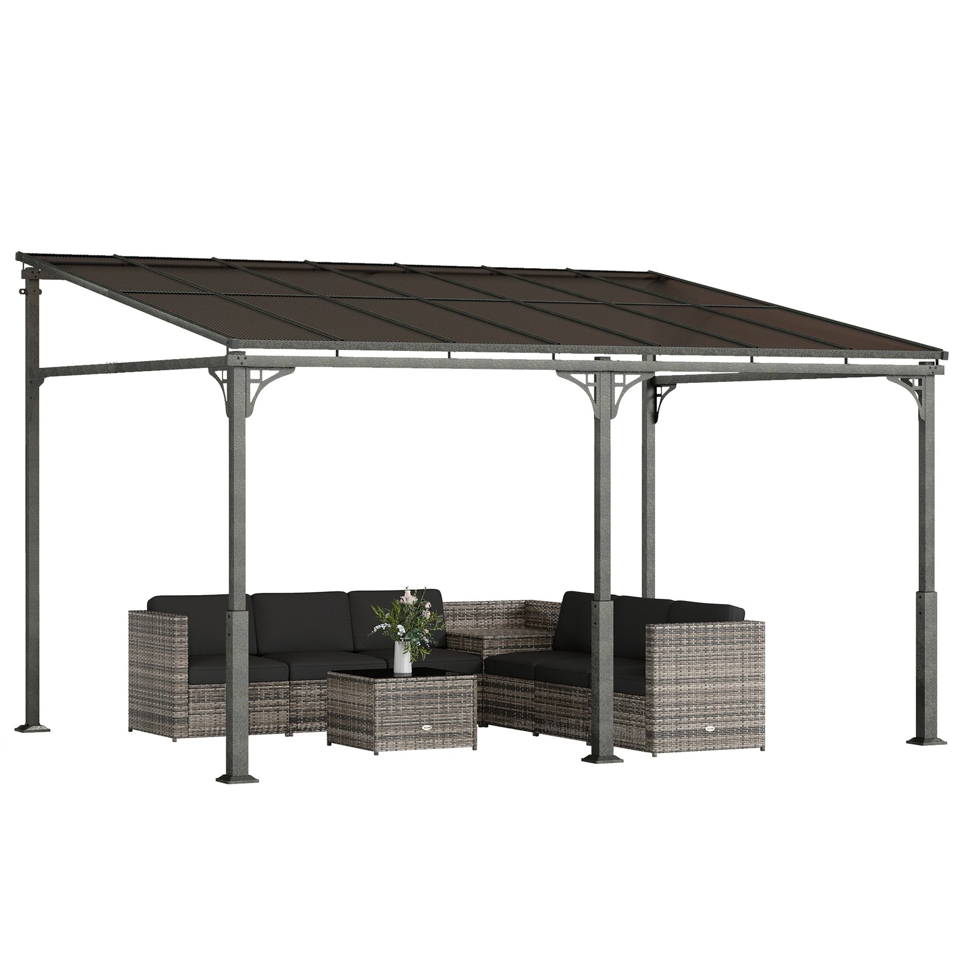 4 x 3 m Metal Lean-to Pergola, Wall-Mounted Garden Pergola with Polycarbonate Roof and Metal-Aluminium Frame, Heavy Duty Hardtop Gazebo for Outdoor Patios, BBQ, Brown