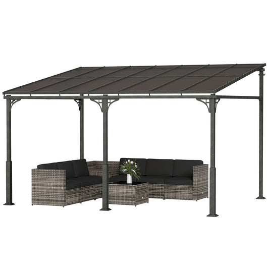 4 x 3 m Metal Lean-to Pergola, Wall-Mounted Garden Pergola with Polycarbonate Roof and Metal-Aluminium Frame, Heavy Duty Hardtop Gazebo for Outdoor Patios, BBQ, Brown