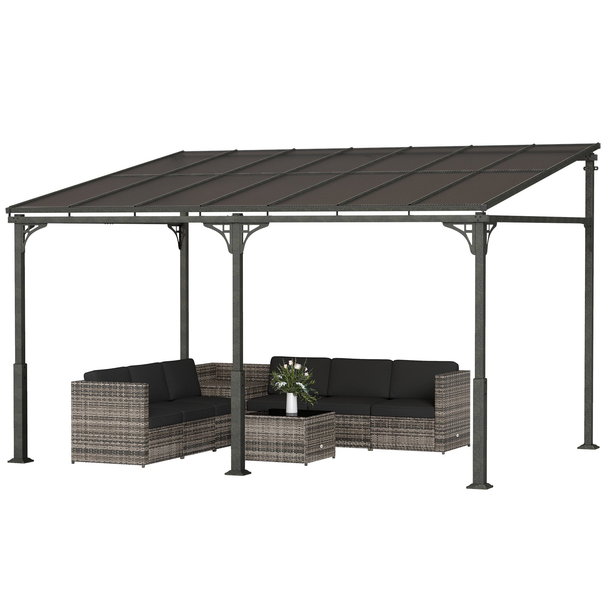 4 x 3 m Metal Lean-to Pergola, Wall-Mounted Garden Pergola with Polycarbonate Roof and Metal-Aluminium Frame, Heavy Duty Hardtop Gazebo for Outdoor Patios, BBQ, Brown