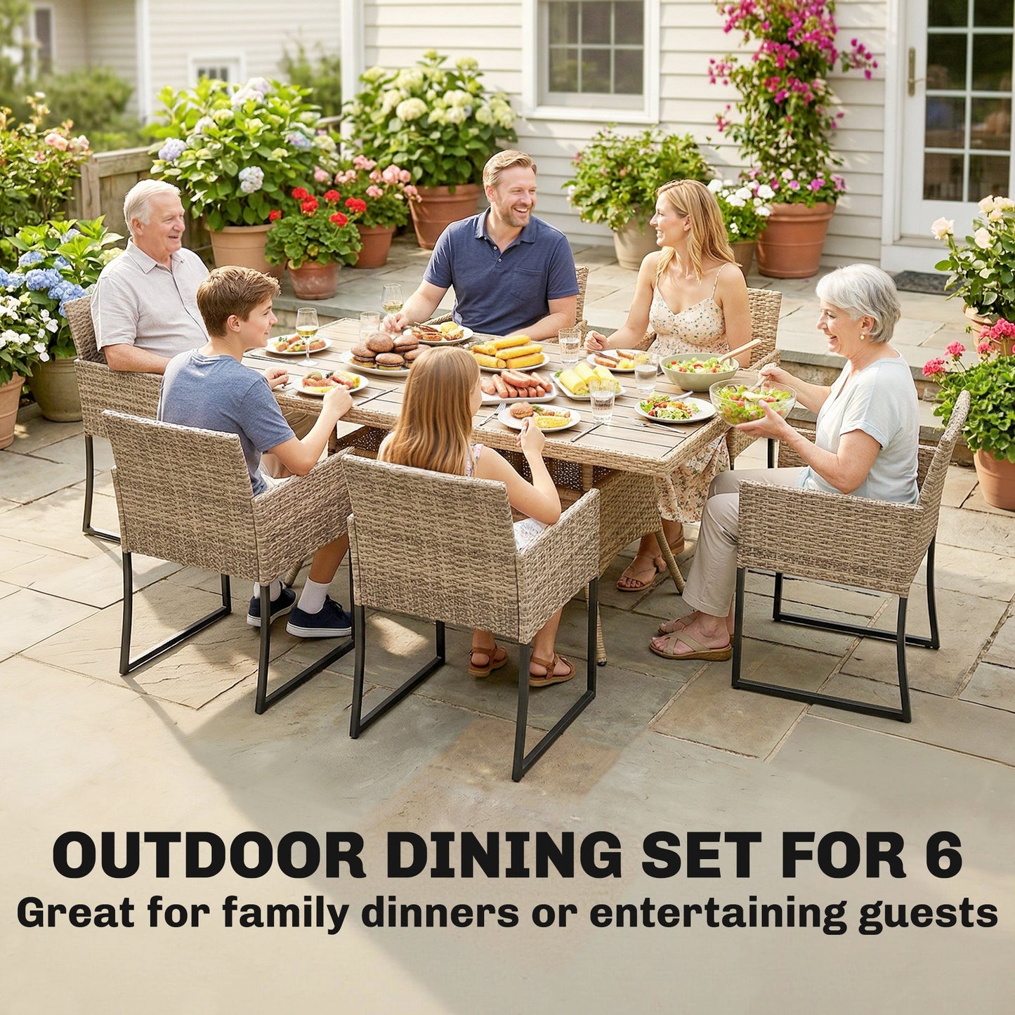 7 Piece Rattan Garden Furniture Set, Garden Dining Set with Wood-Plastic Table and 6 Stackable Chairs, Rattan Table and Chairs with 6 Cushions for Patio Terrace, Dark Grey