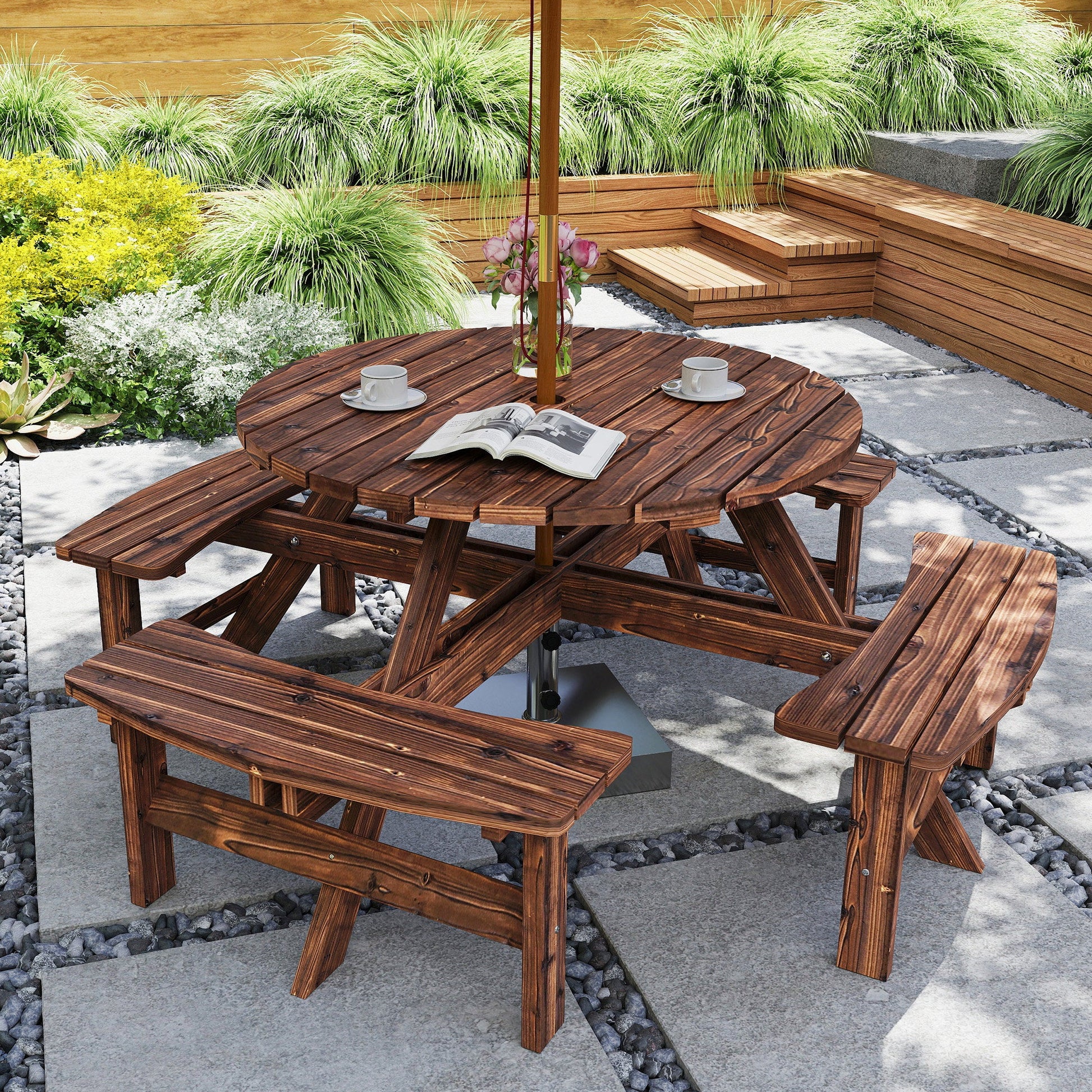 Wooden Garden Dining Set, 8 Seater Round Dining Picnic Table with Matching Bench, Patio Furniture Set with Parasol Hole for Outdoor Garden Patio Party and Family Gatherings, Tan