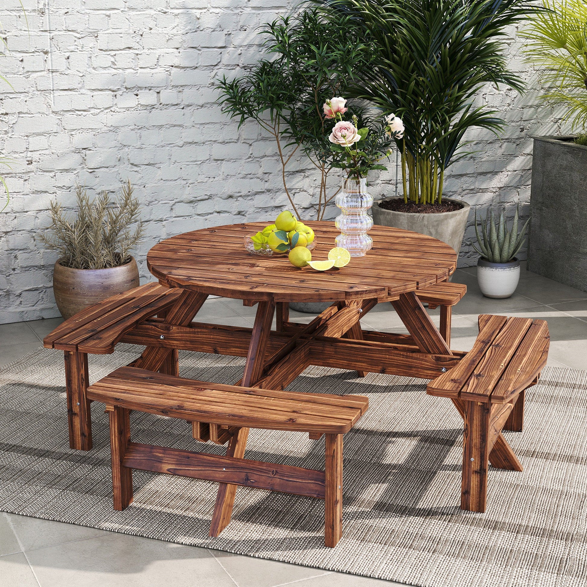 Wooden Garden Dining Set, 8 Seater Round Dining Picnic Table with Matching Bench, Patio Furniture Set with Parasol Hole for Outdoor Garden Patio Party and Family Gatherings, Tan
