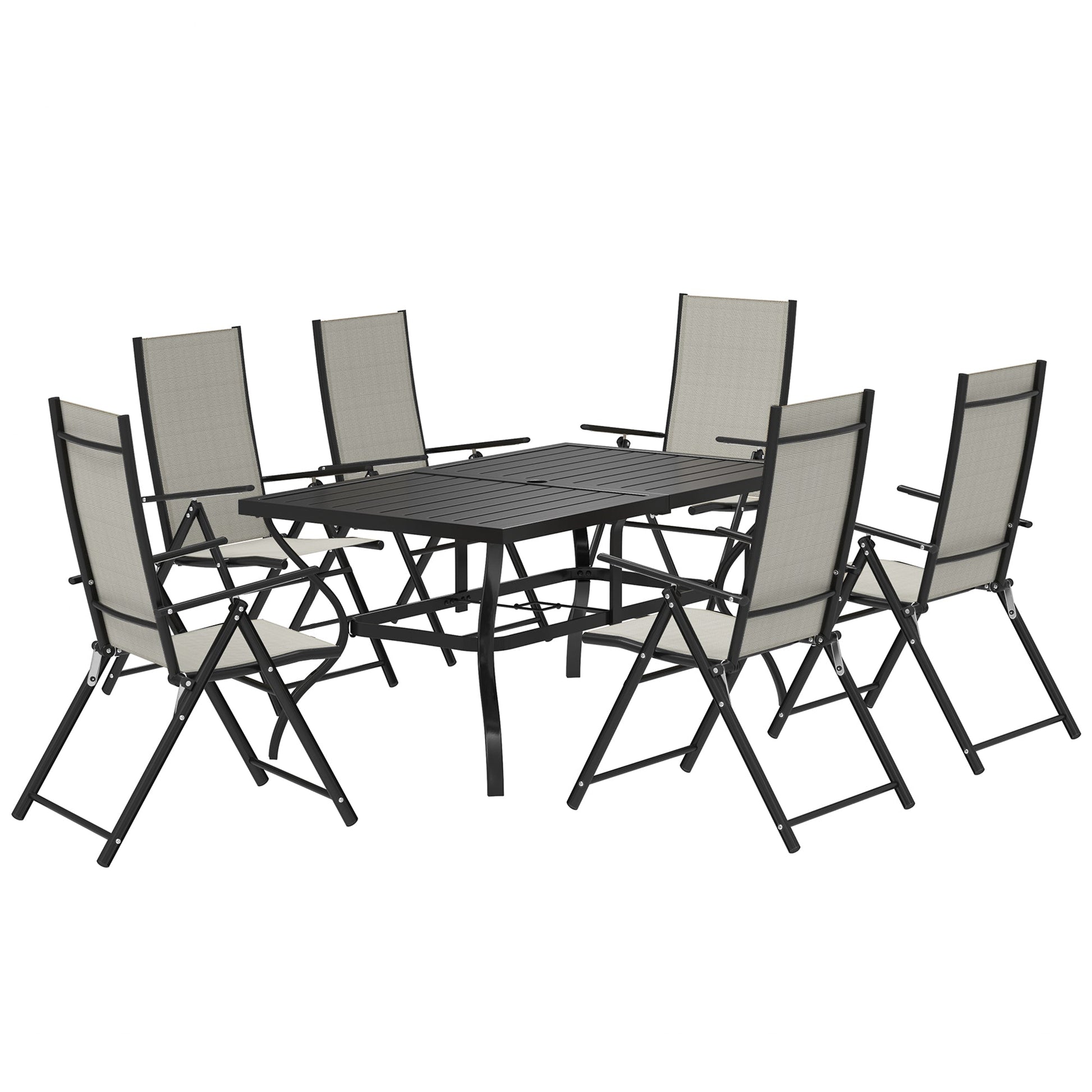 7 Pieces Garden Dining Set, 6 Seater Garden Furniture Set with Parasol Hole, Outdoor Dining Set with High Back Folding Chairs and Square Metal Top Table for Outdoor Patio, Khaki