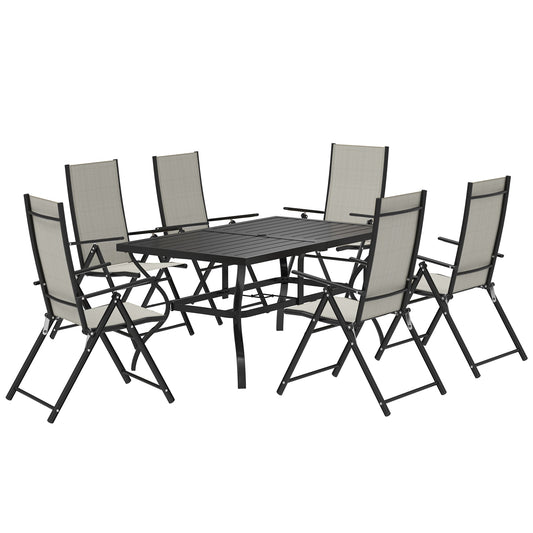 7 Pieces Garden Dining Set, 6 Seater Garden Furniture Set with Parasol Hole, Outdoor Dining Set with High Back Folding Chairs and Square Metal Top Table for Outdoor Patio, Khaki