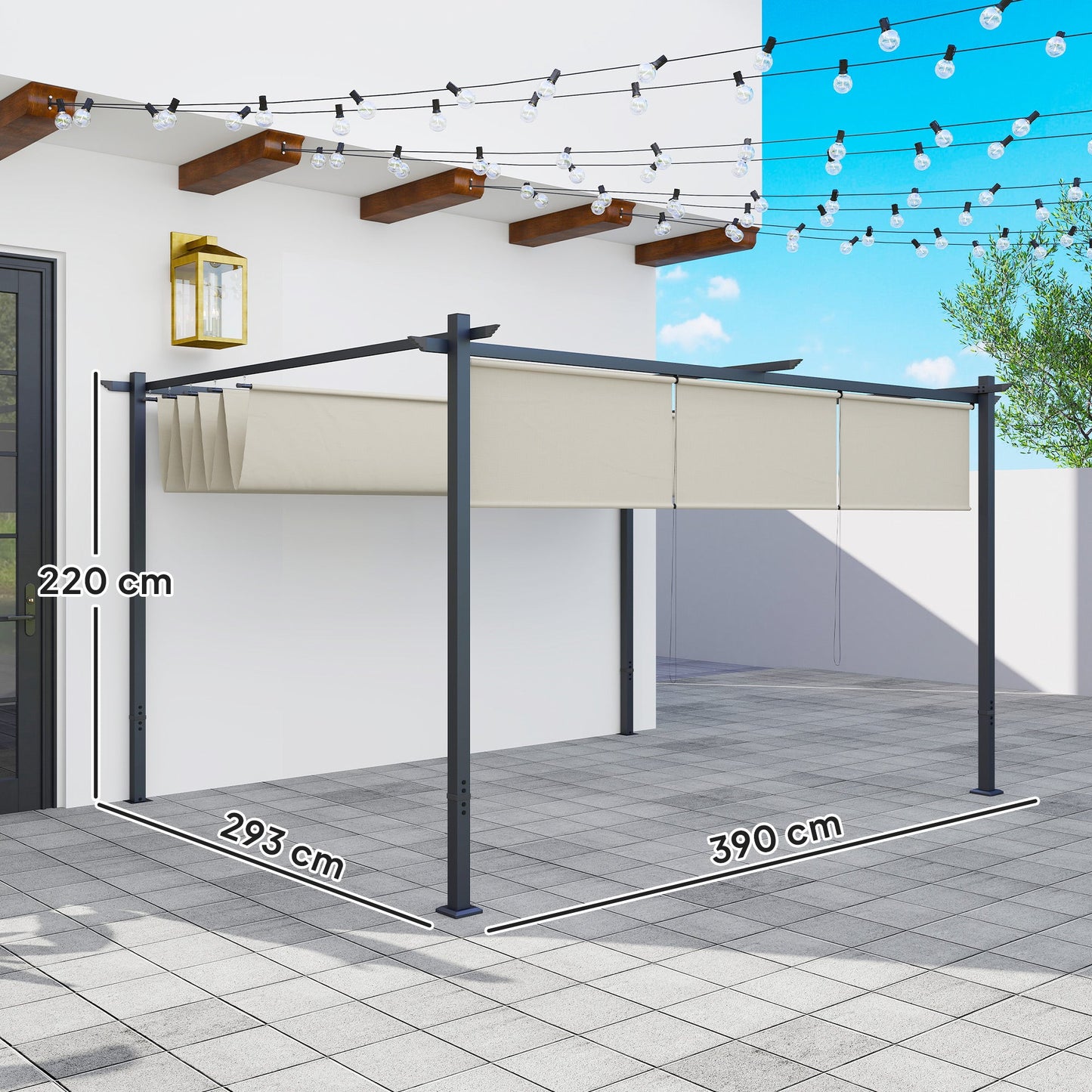 3 x 4m Metal Pergola with Retractable Roof and Roller Shade, Free Standing Gazebo Canopy Pergola Kit, UPF30+ Outdoor Sun Shelter, Beige