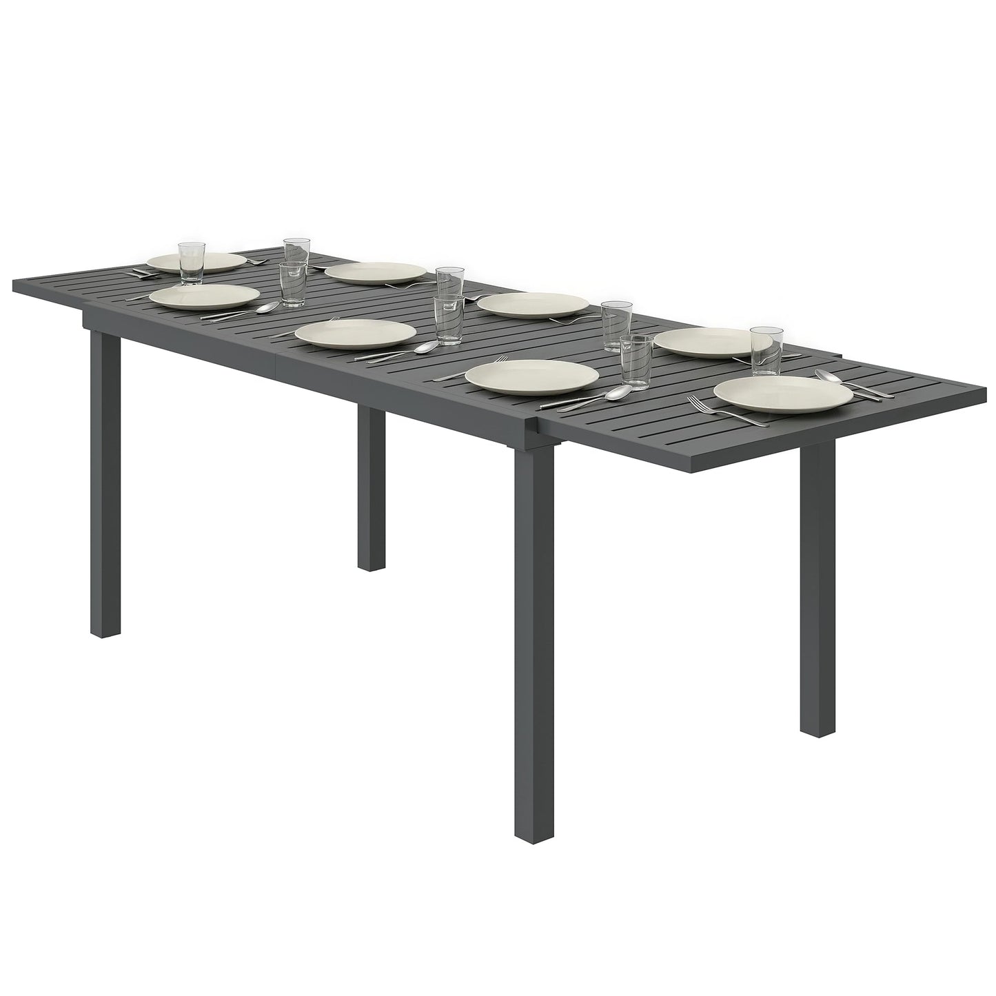 Extending Garden Table for 6-8 People, Full Aluminium Outdoor Dining Table with Slatted Top, Weatherproof Outdoor Dining Furniture for Patio, Balcony, 150/225 x 85 x 75 cm, Dark Grey