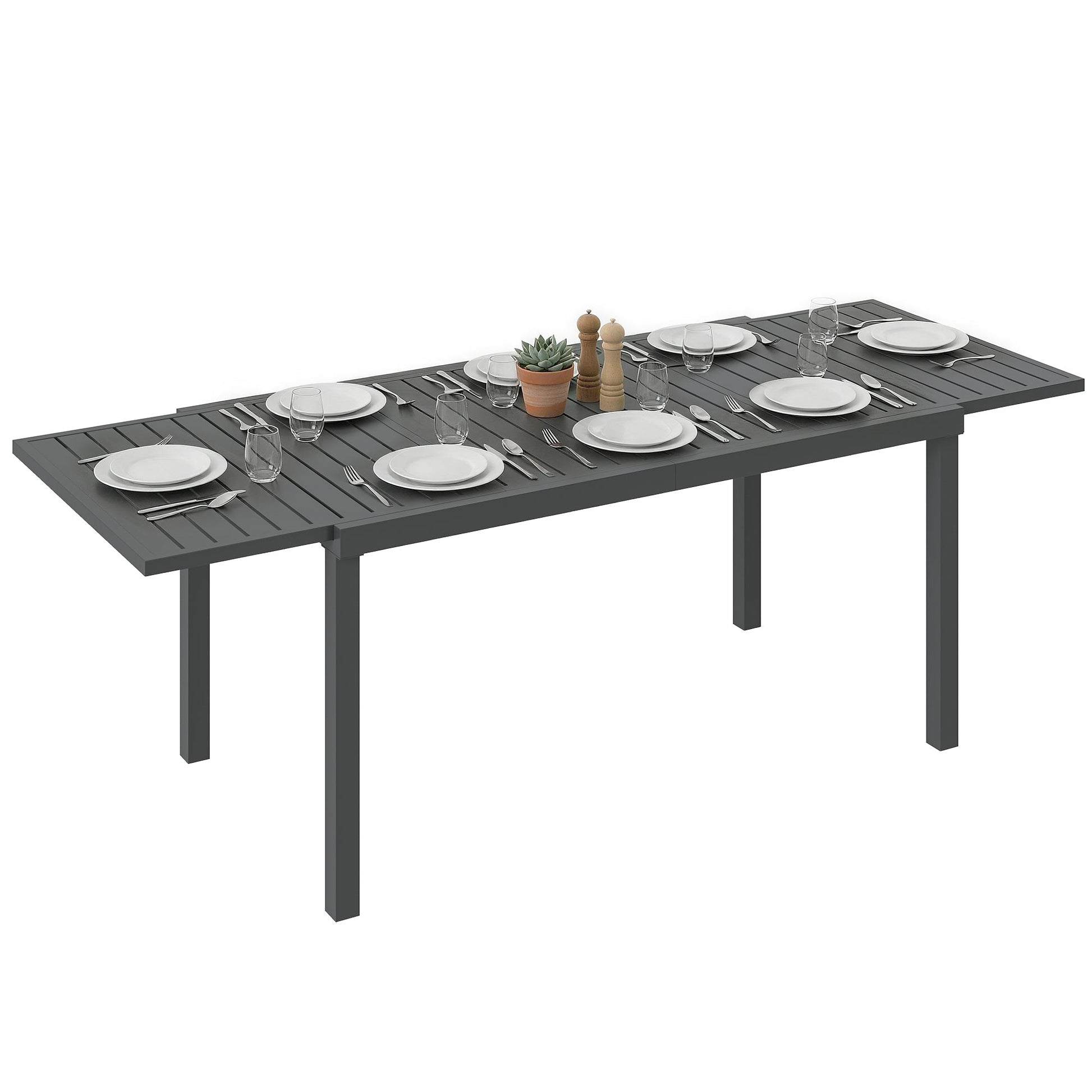 Extending Garden Table for 6-8 People, Full Aluminium Outdoor Dining Table with Slatted Top, Weatherproof Outdoor Dining Furniture for Patio, Balcony, 150/225 x 85 x 75 cm, Dark Grey