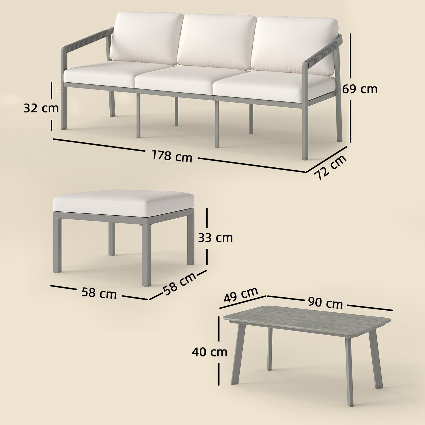 3 Piece Garden Dining Set, Outdoor Patio Furniture with 3 Seater Sofa, Footstool, Coffee Table and Cuhsions, Garden Sofa Set Conversation Furniture for Porch Patio Balcony, Grey