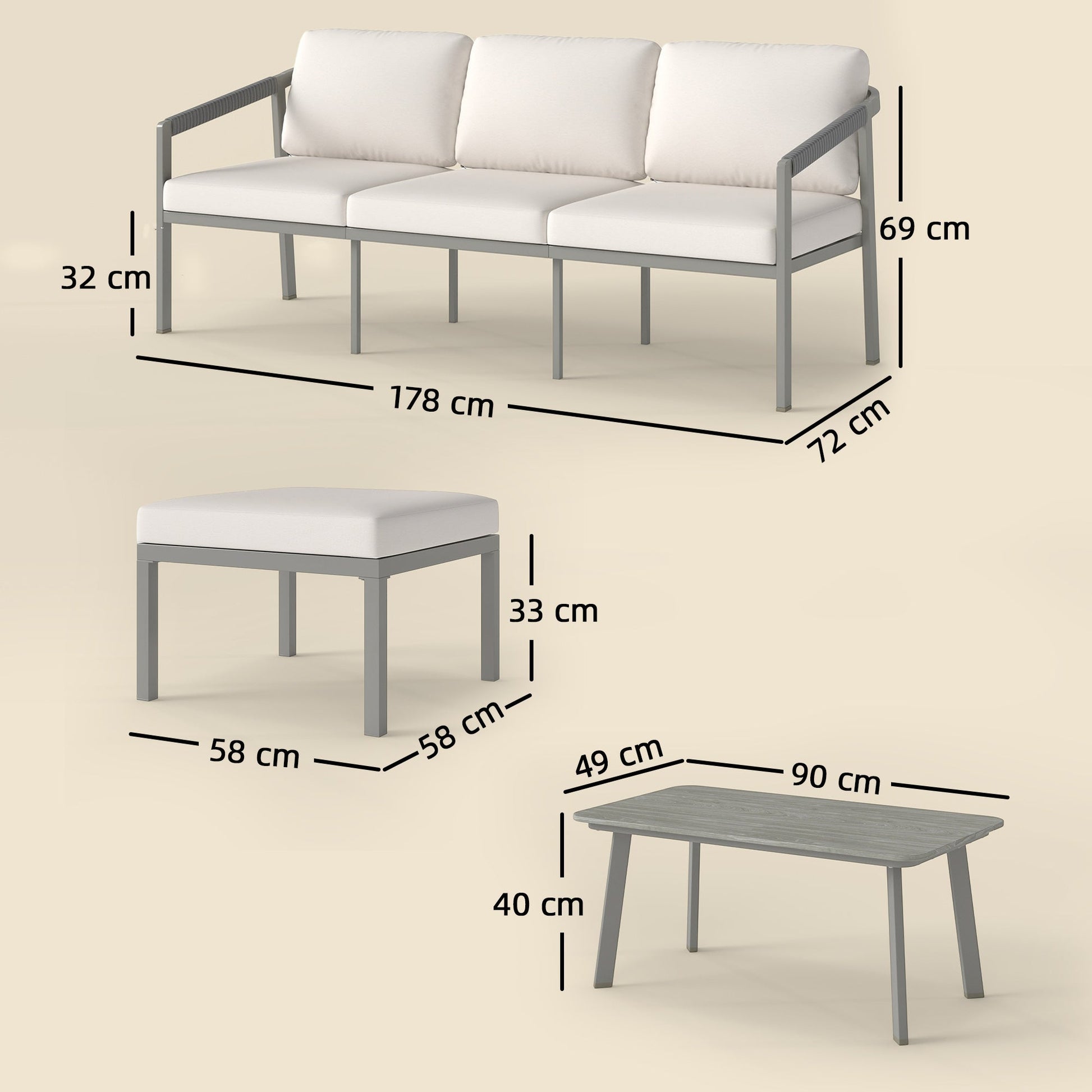 3 Piece Garden Dining Set, Outdoor Patio Furniture with 3 Seater Sofa, Footstool, Coffee Table and Cuhsions, Garden Sofa Set Conversation Furniture for Porch Patio Balcony, Grey