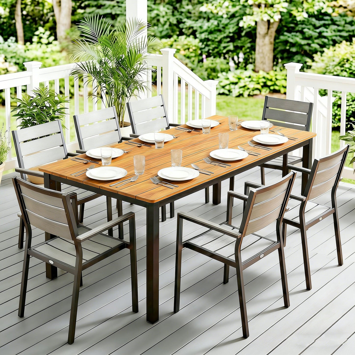 Garden Dining Table for 6-8 Person, 180 x 86 cm Rectangular Outdoor Dining Table with Wood Slatted Top and Steel Frame, All Weather Patio Furniture for Balcony, Porch, Teak