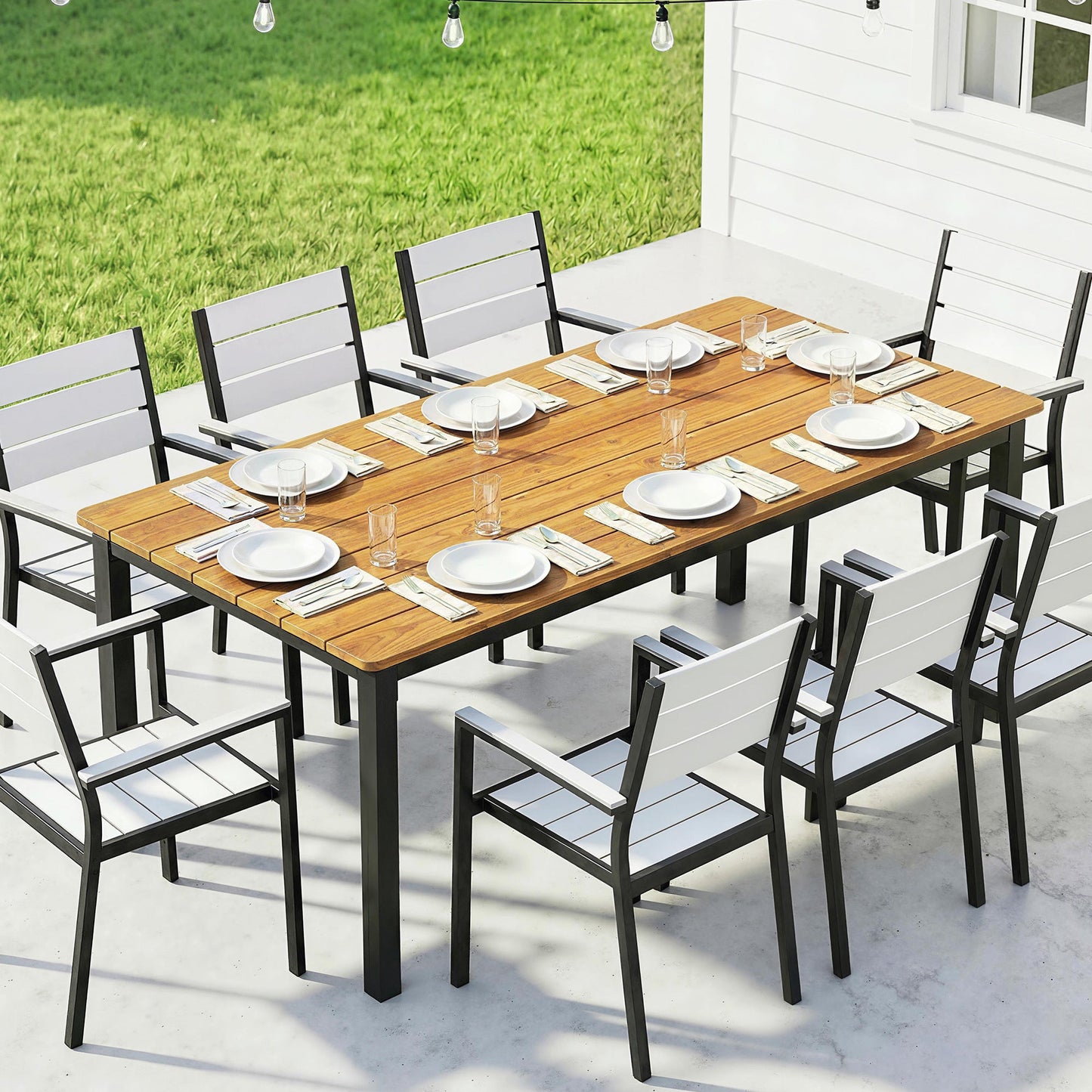 Garden Dining Table for 6-8 Person, 180 x 86 cm Rectangular Outdoor Dining Table with Wood Slatted Top and Steel Frame, All Weather Patio Furniture for Balcony, Porch, Teak