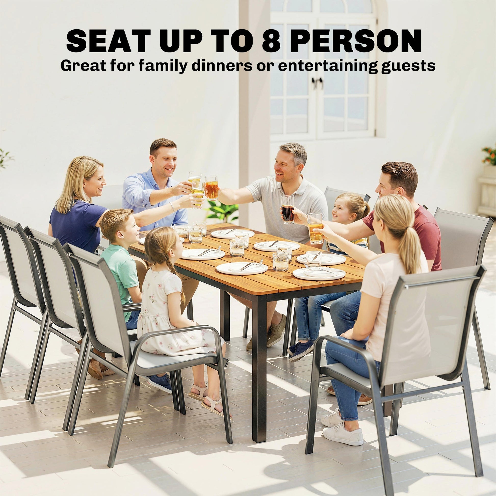 Garden Dining Table for 6-8 Person, 180 x 86 cm Rectangular Outdoor Dining Table with Wood Slatted Top and Steel Frame, All Weather Patio Furniture for Balcony, Porch, Teak